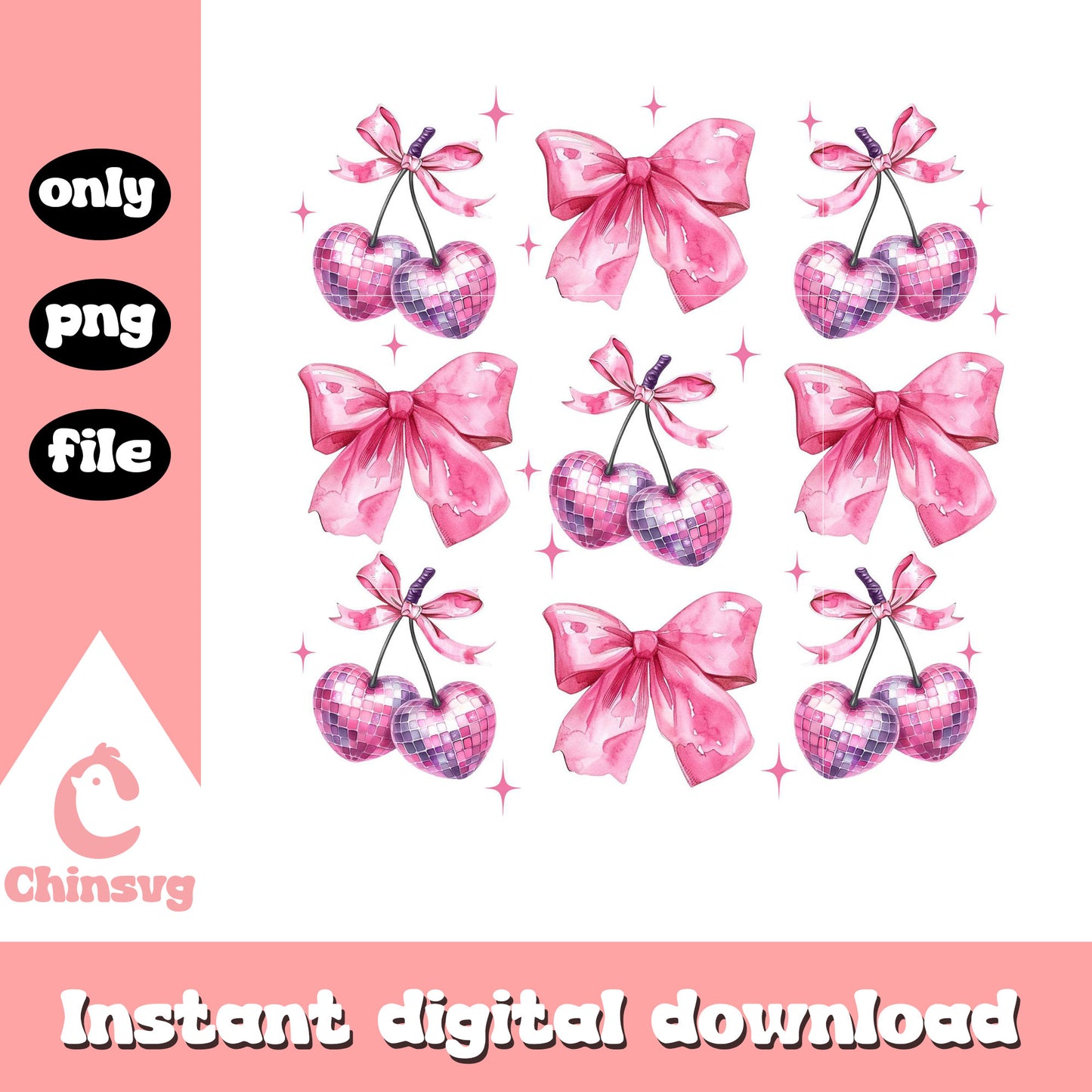 Cherry and vintage bow pink valentine png, sweet valentine png
