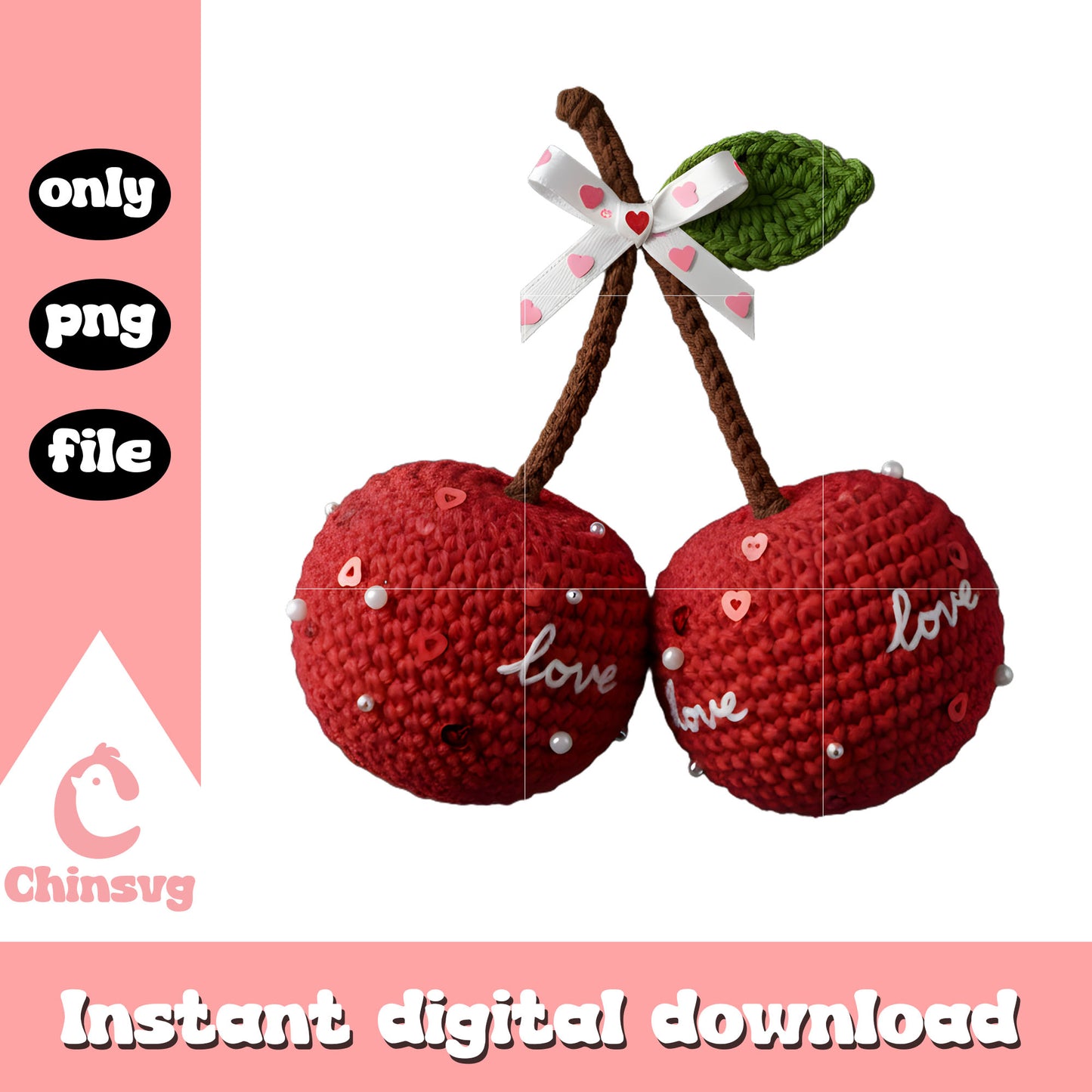 Cherry love crochet valentine png, cherry valentine png