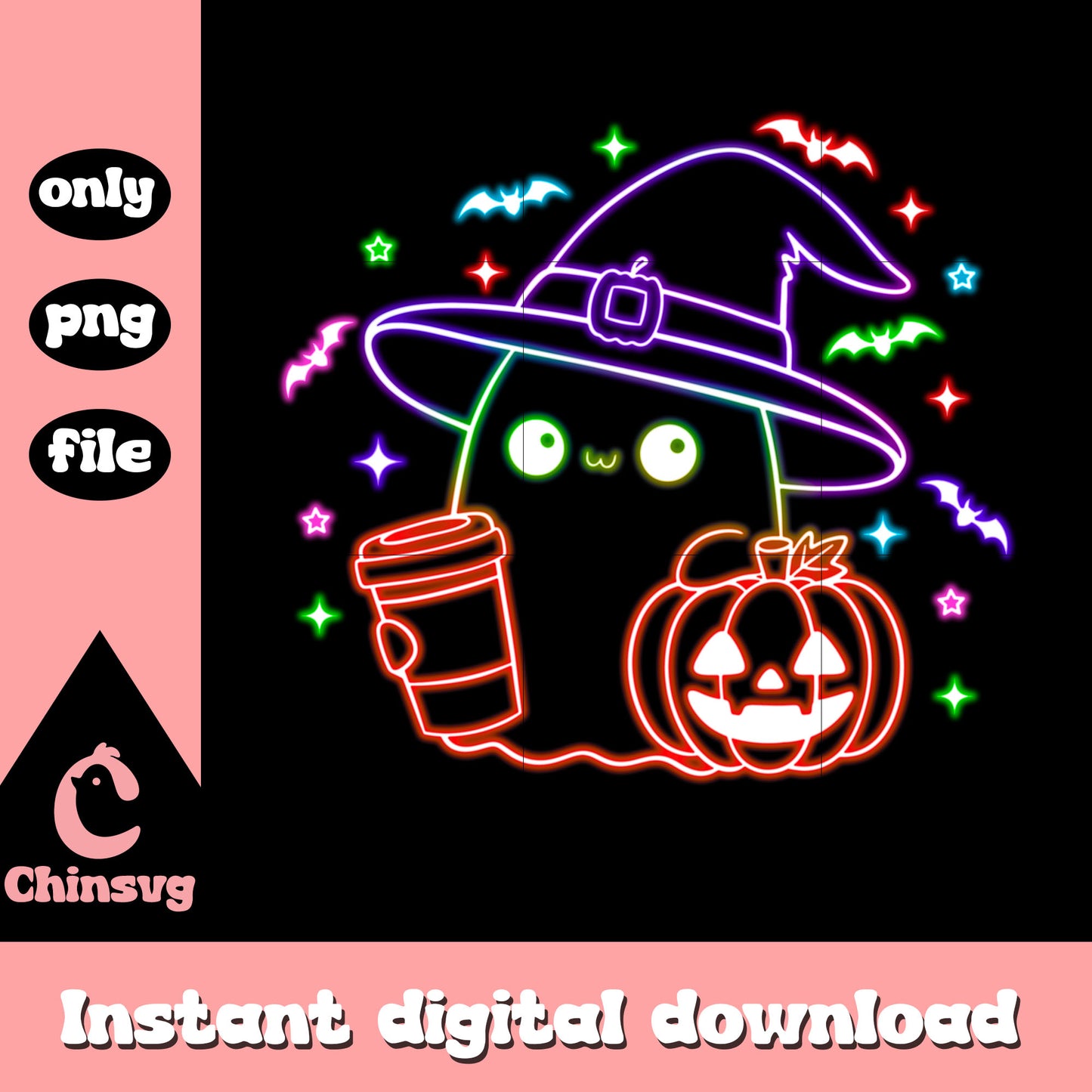Chibi cute witch ghost pumpkin halloween neon png, halloween ghost png
