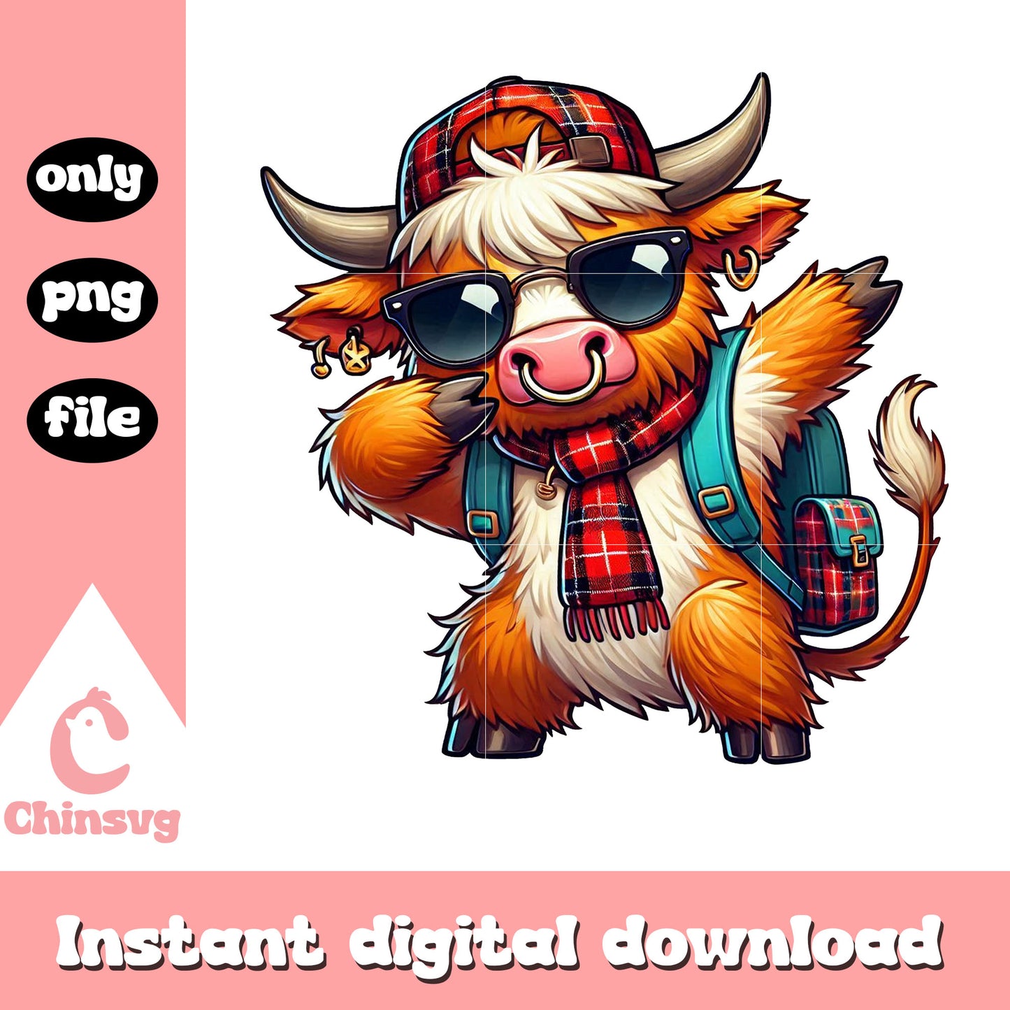 Chibi highland cow dabbing back to school png, highland cow png