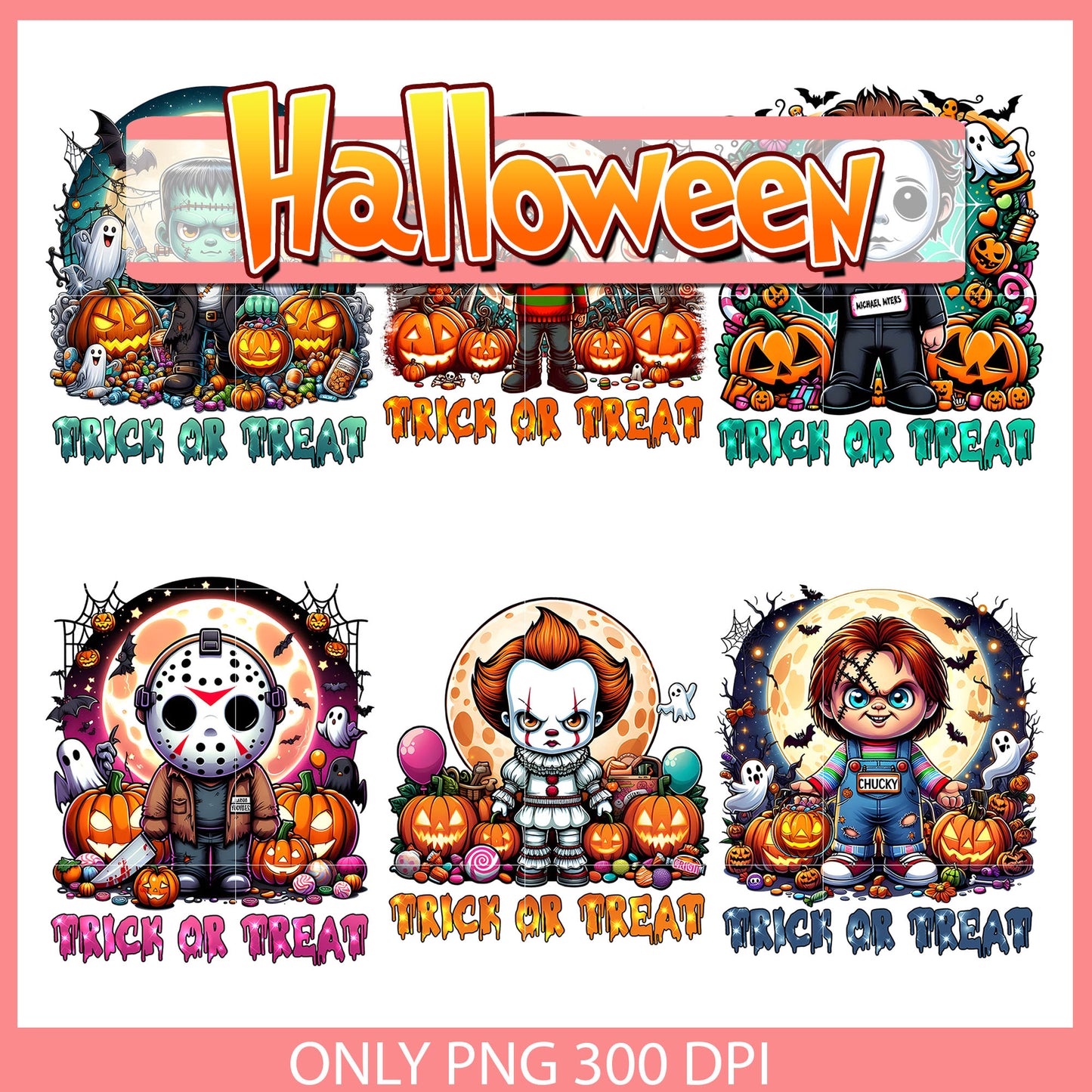 Chibi horror trick or treat bundle png, horror halloween png