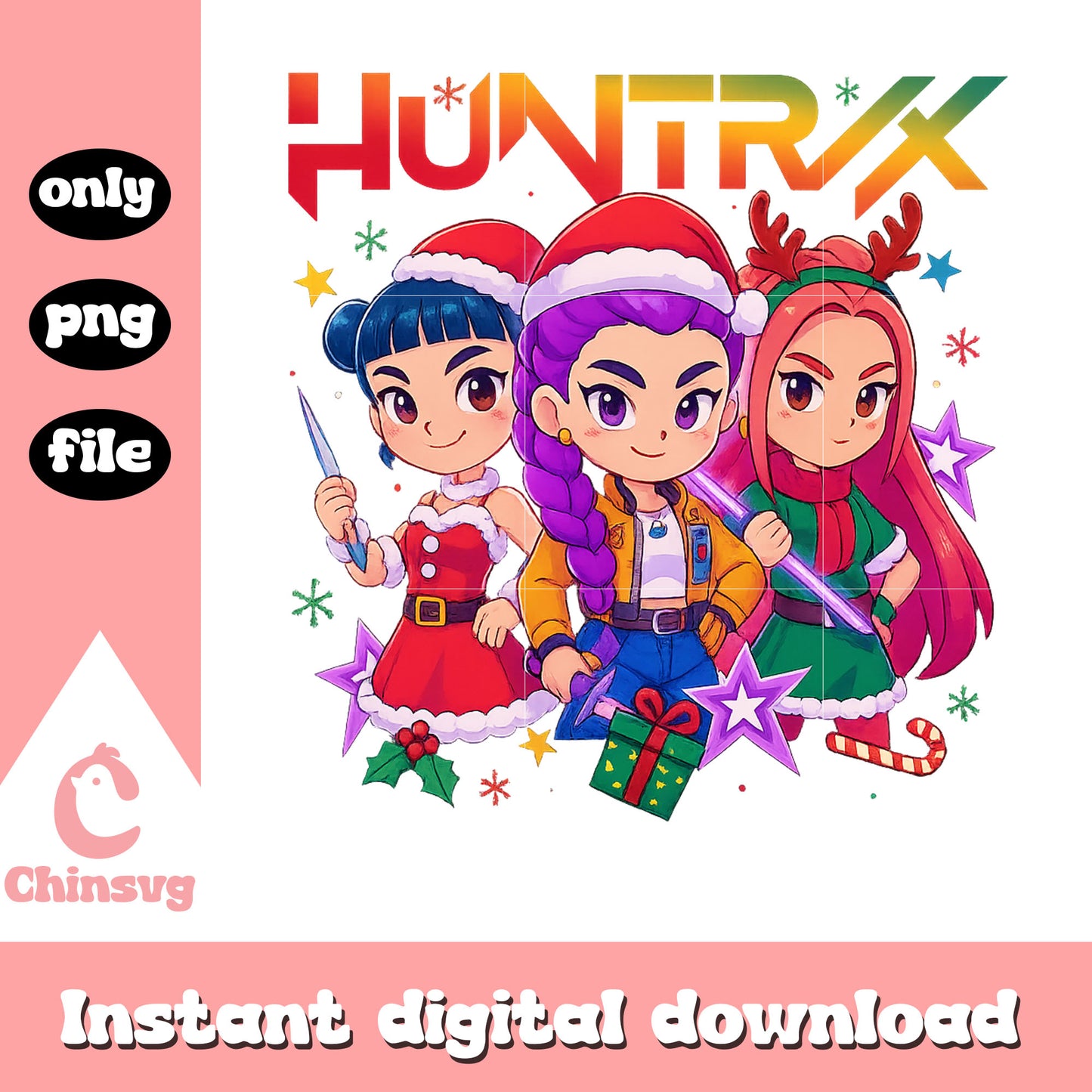 Chibi huntrix band on christmas day png, santa claus png