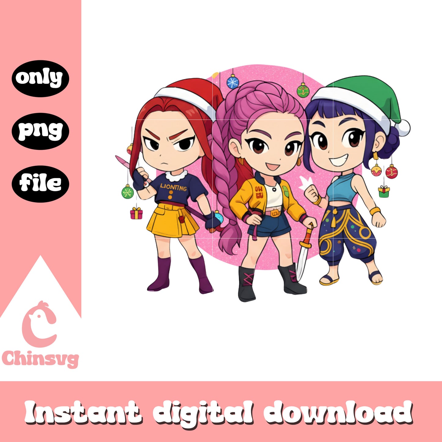 Chibi huntrix characters christmas png, xmas funny meme png