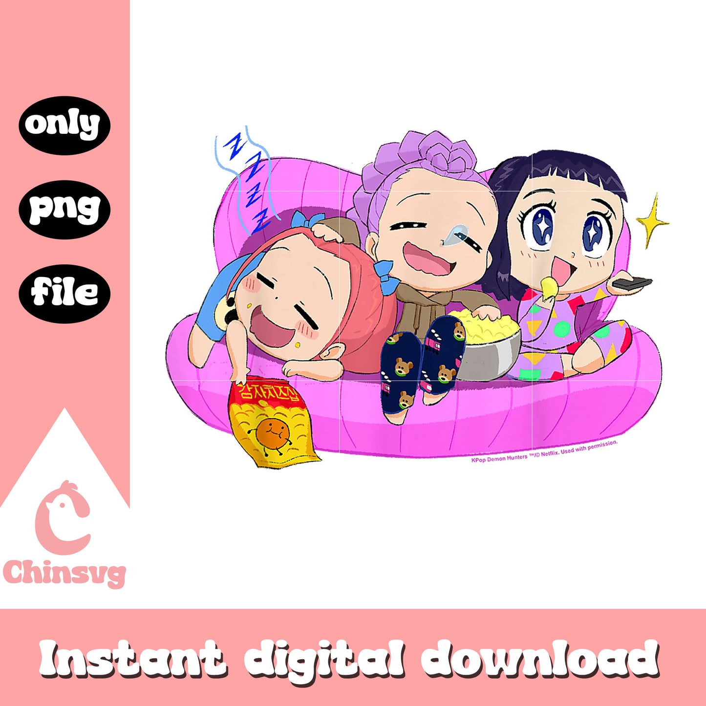Chibi huntrix relaxing in the couch t-shirt png, kpop demon hunters tee png