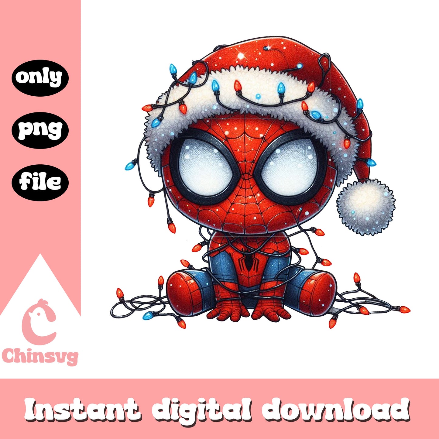 Chibi spider man santa hat png, christmas lights png