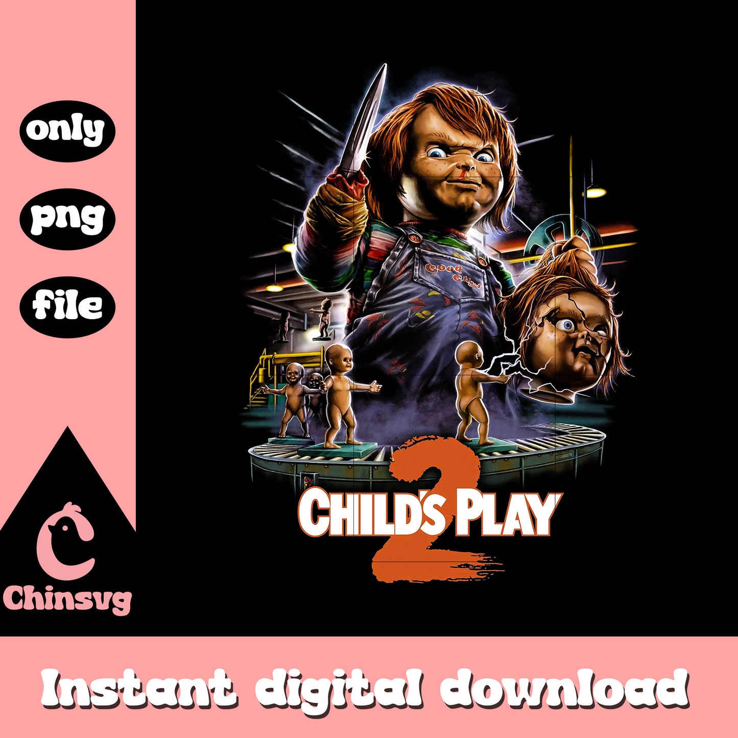 Child's play 2 horror movie png, chucky face png, horror png