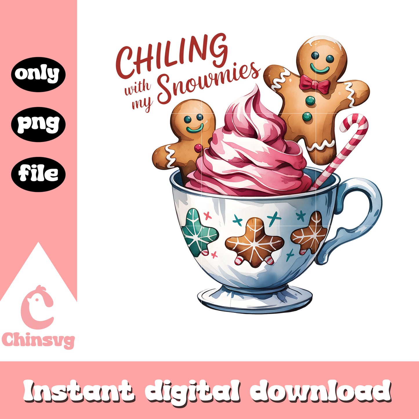 Chilling with my snowmies gingerbread cup png, xmas pink png
