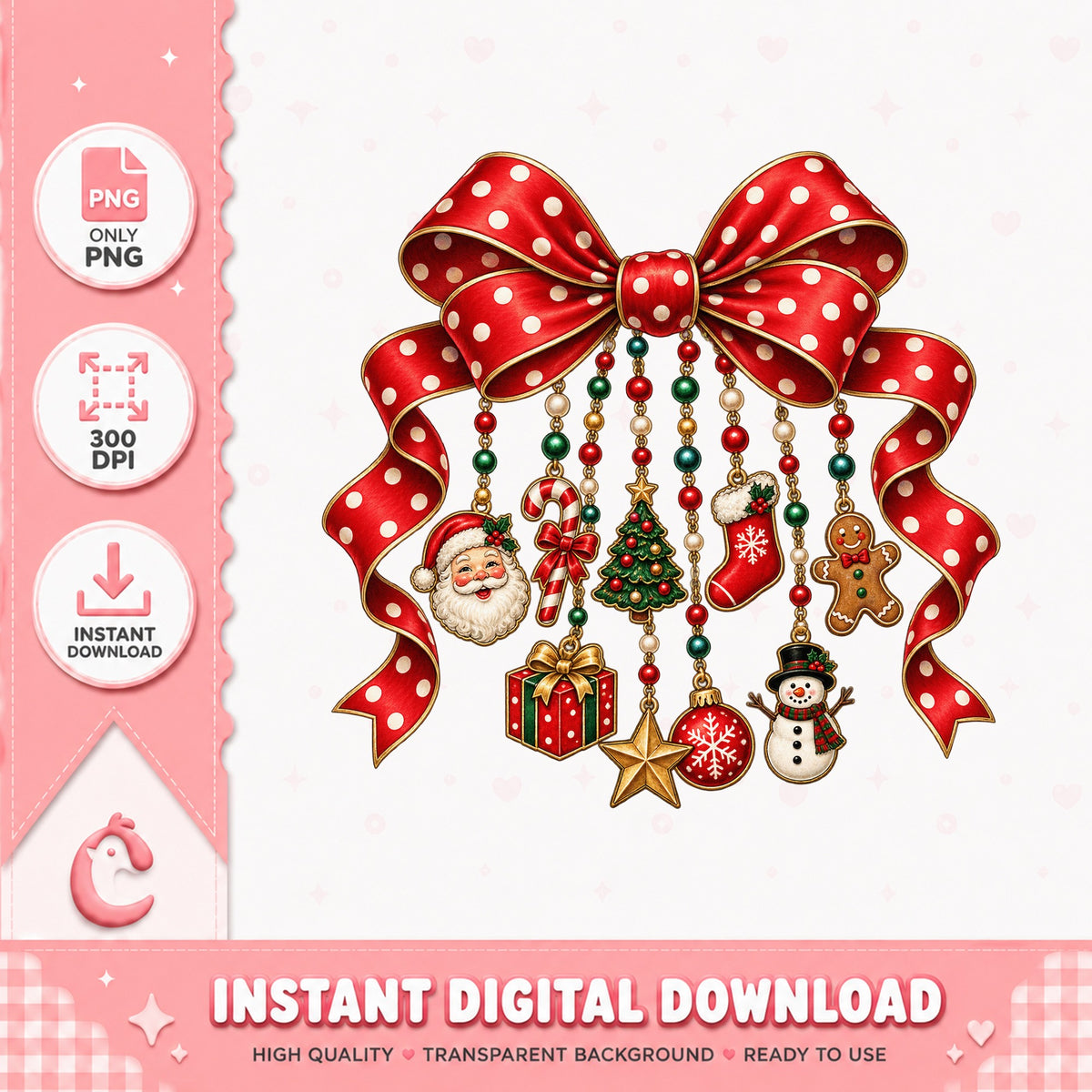 Christmas Bow Ornaments PNG, Santa Gingerbread Snowman, PNG