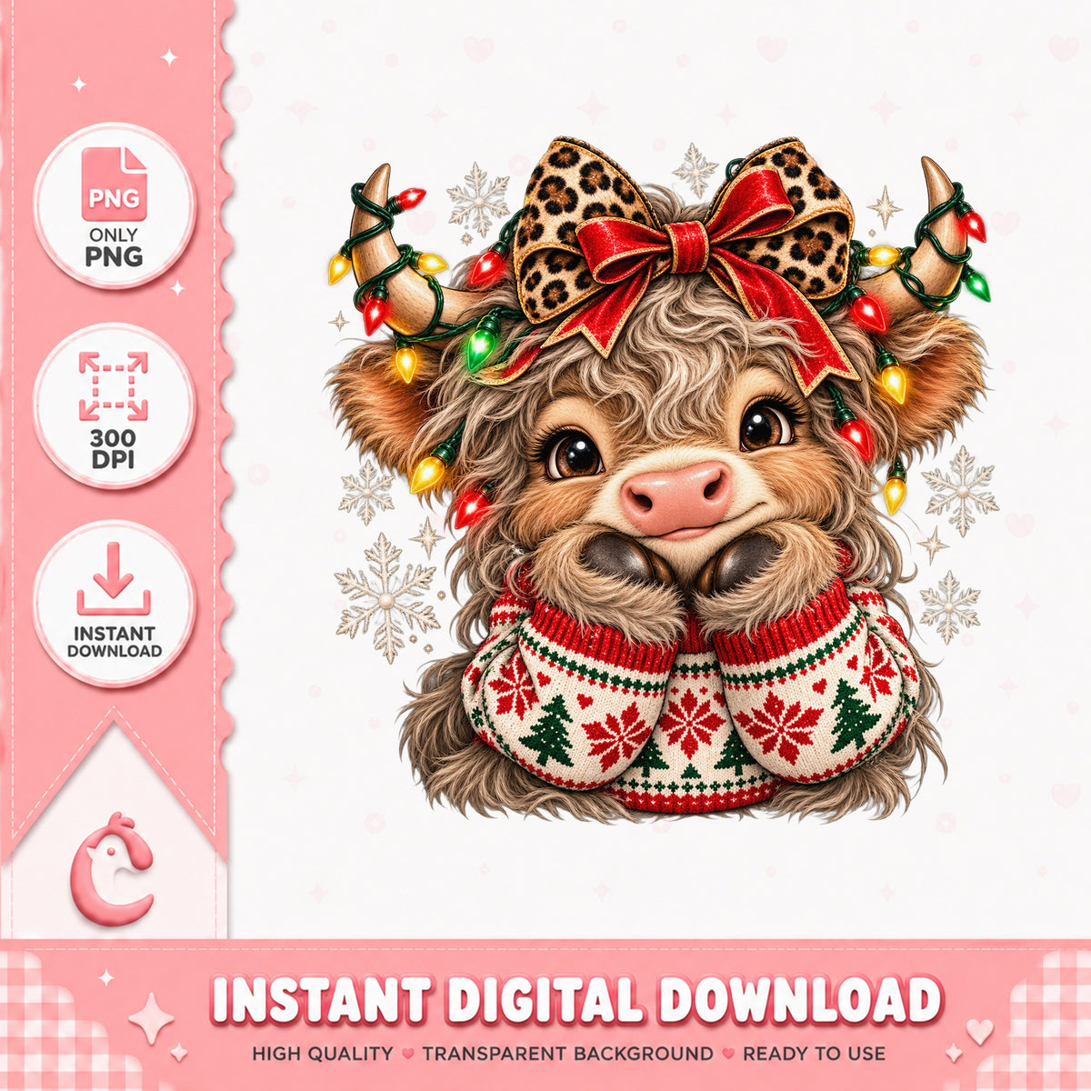 Christmas Highland Cow PNG, Leopard Bow Heifer, Xmas Clipart PNG