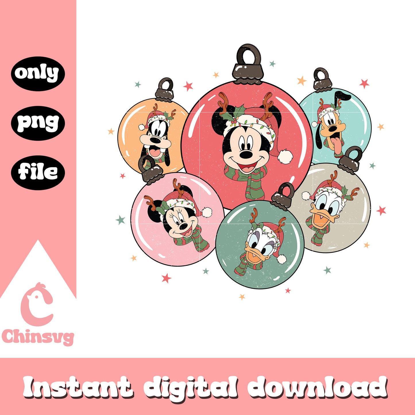 Christmas balls retro disney face design png, retro xmas png