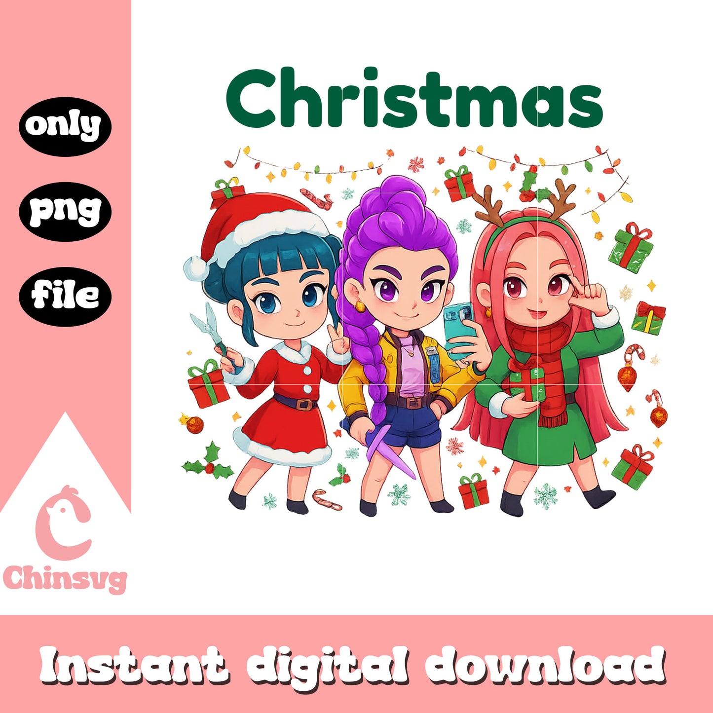 Christmas chibi huntrix members png, huntrix girl band png