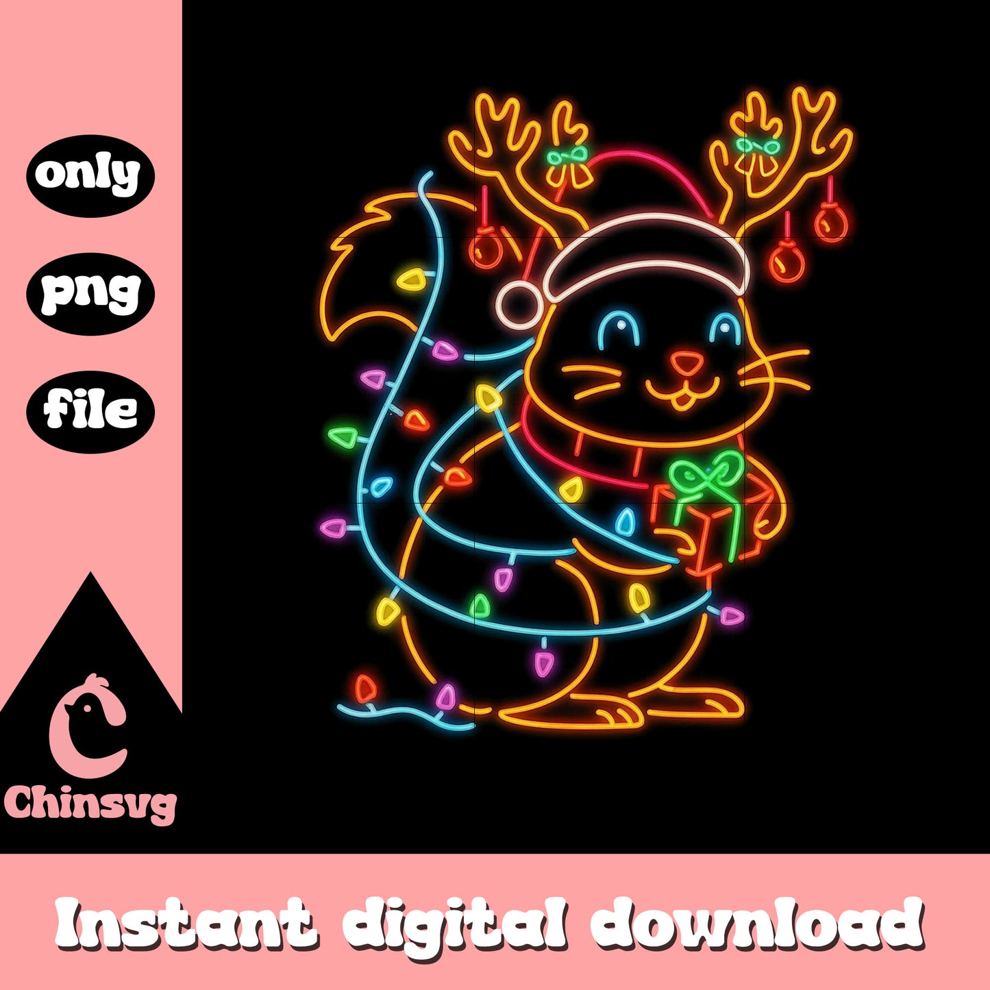 Christmas chipmunk reindeer neon design png, christmas decor png