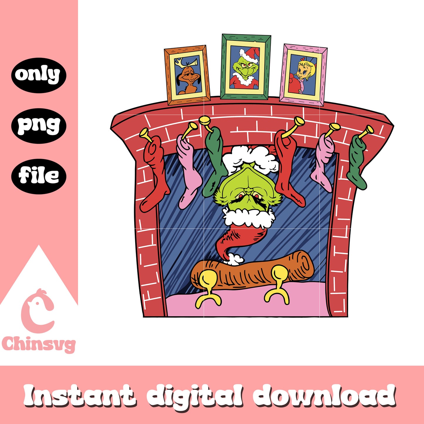 Christmas fireplace grinch design png, grinch character png