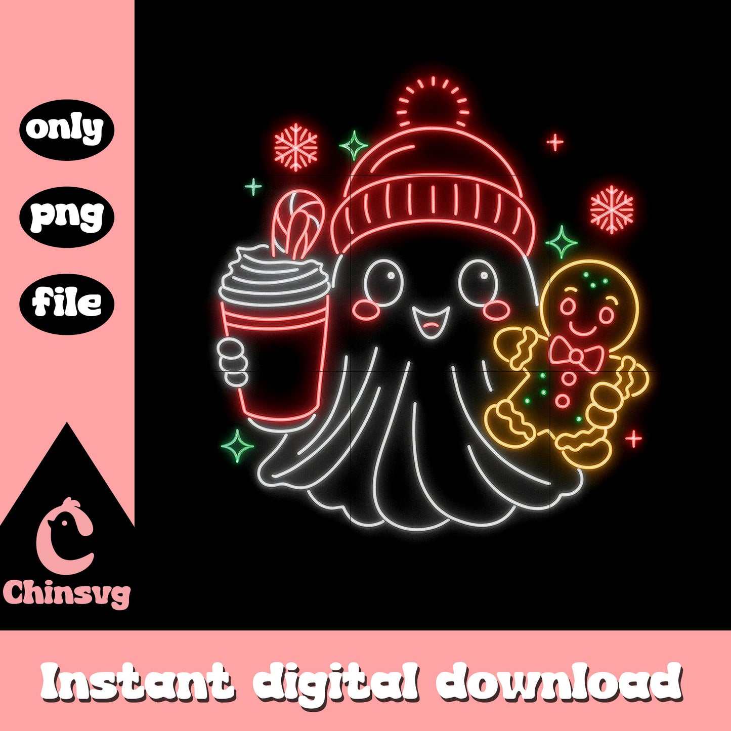 Christmas ghost coffee gingerbread neon png, christmas ghost png