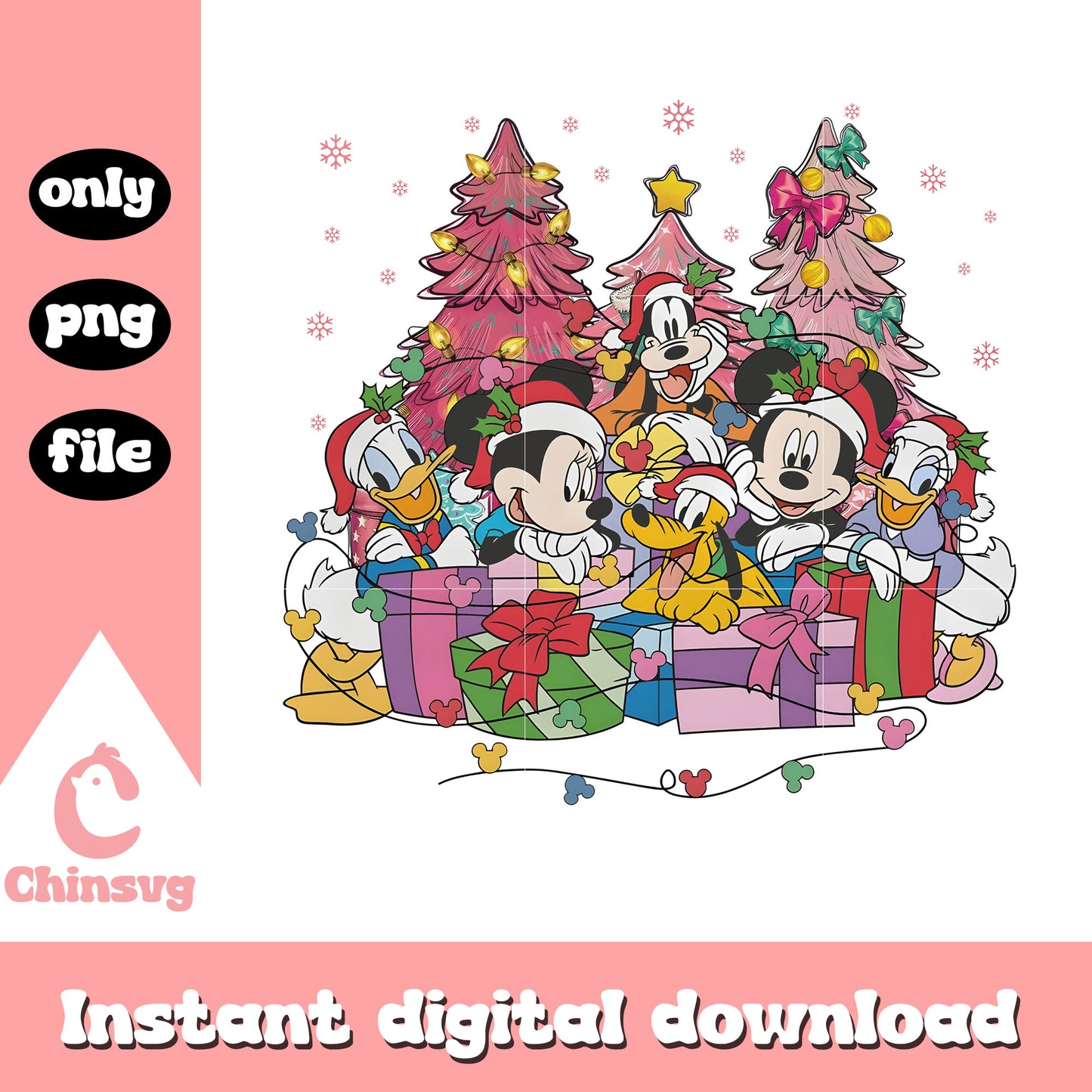 Christmas gifts trees mickey friends png, pink christmas png