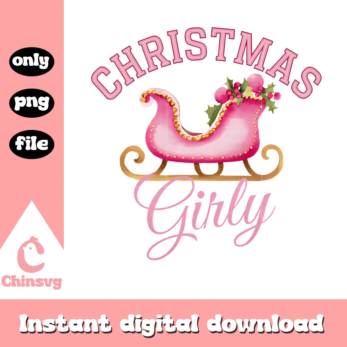 Christmas girly pink sleigh design png, christmas images png