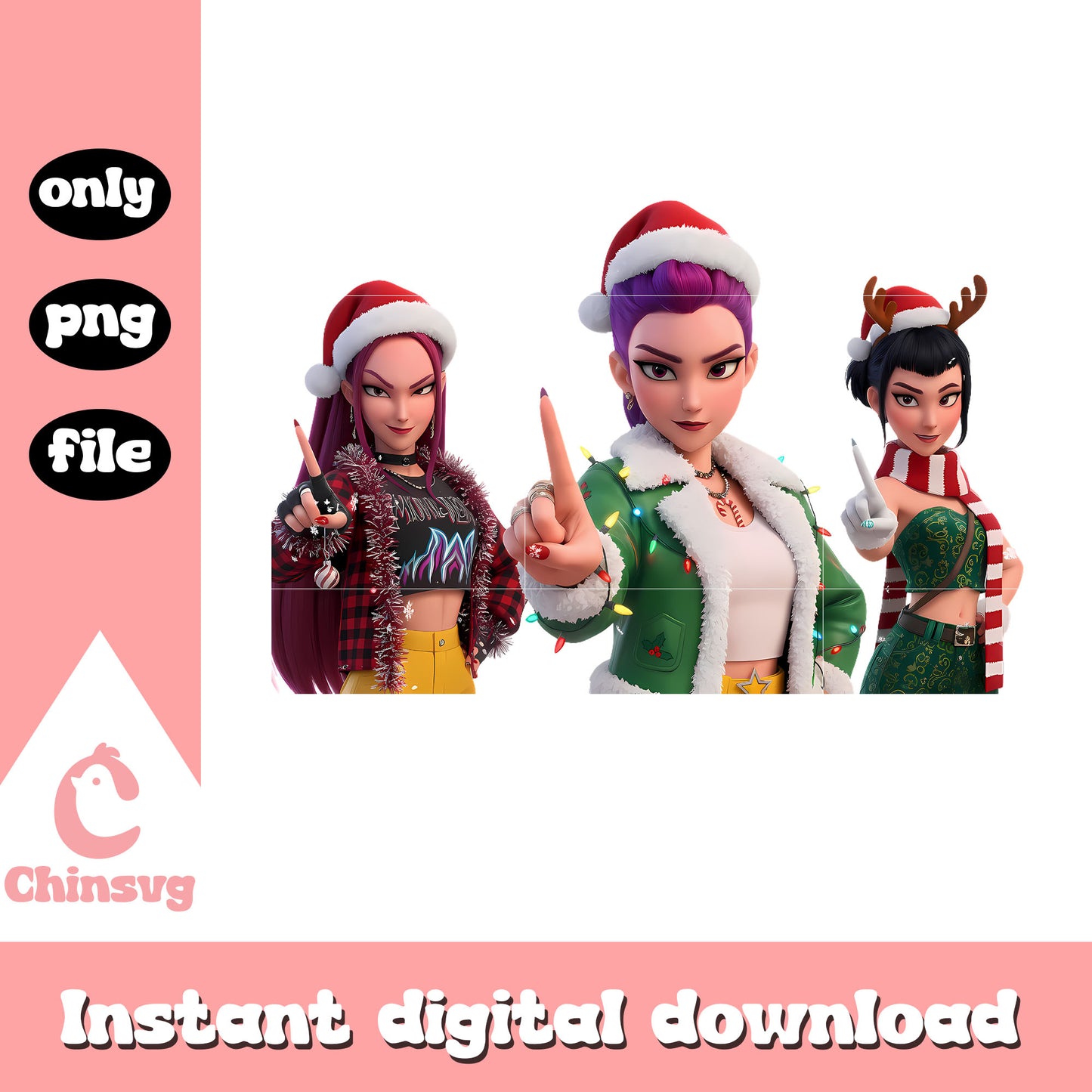 Christmas kpop demon hunters huntrix png, huntrix group png
