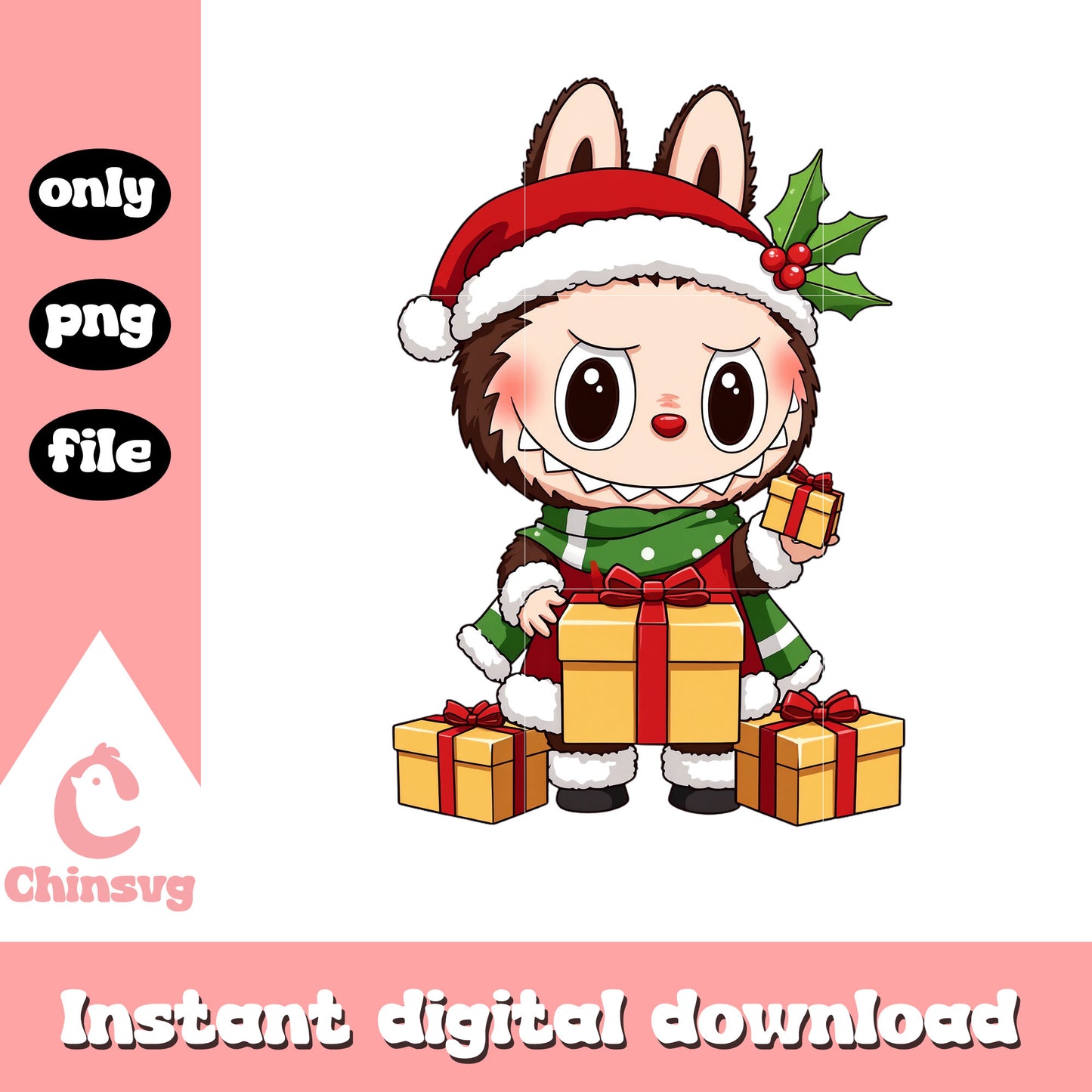 Christmas labubu with presents png, labubu color png