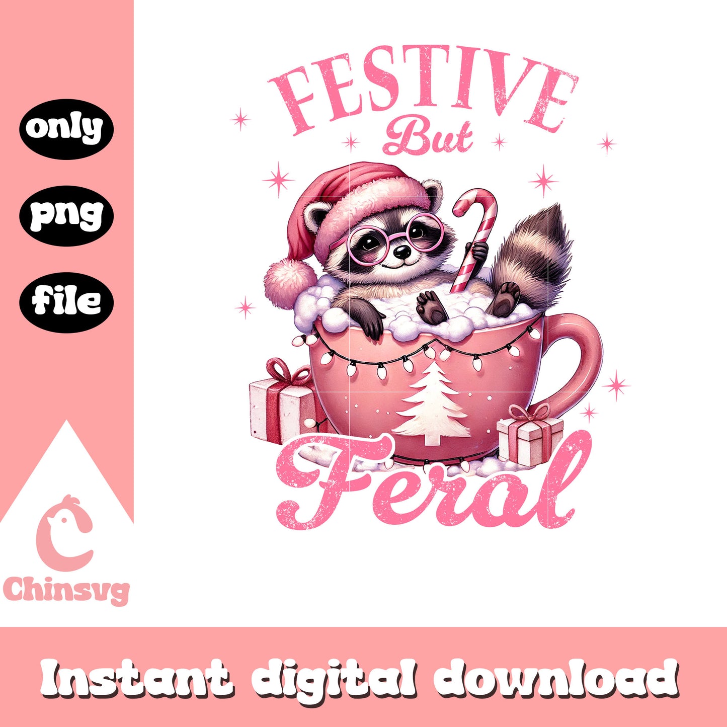 Christmas pink festive but feral png, christmas raccoon png