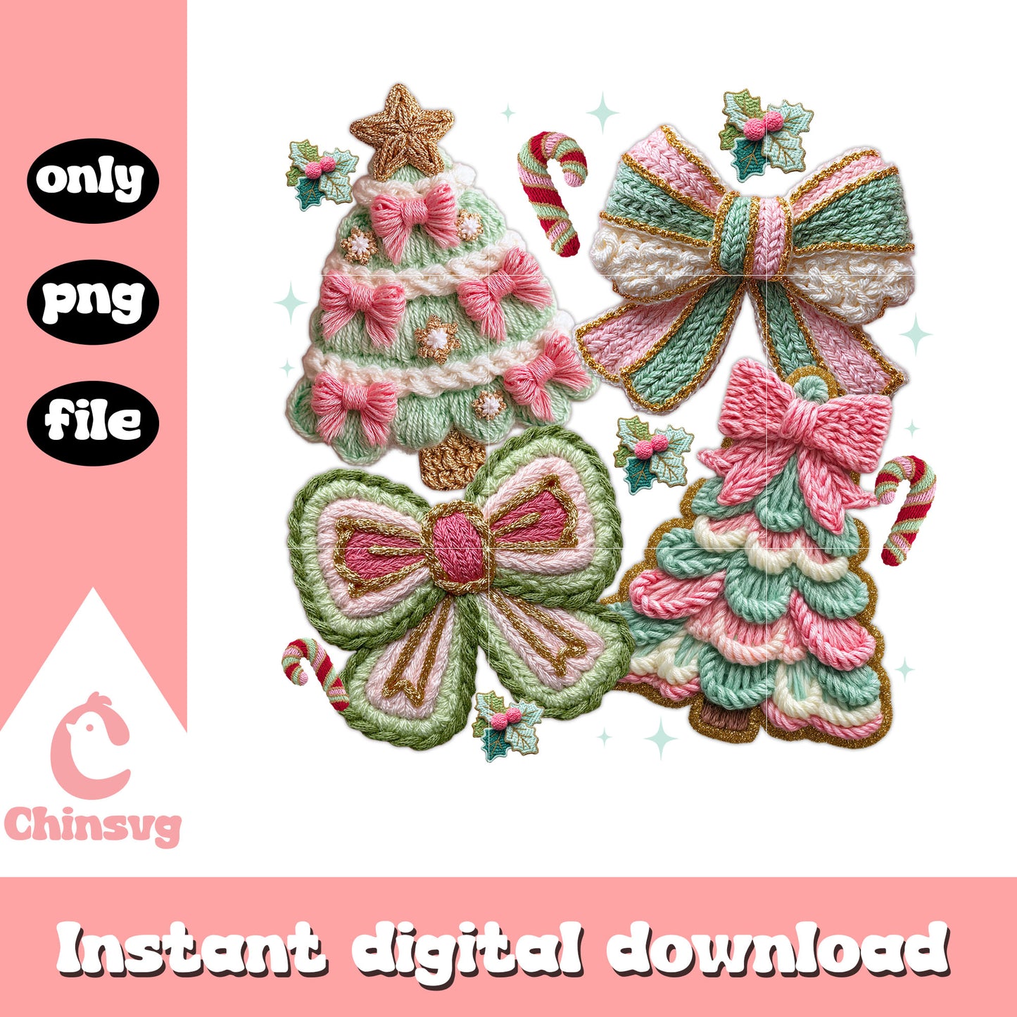 Christmas tree and bow yarn crochet png, christmas decor png