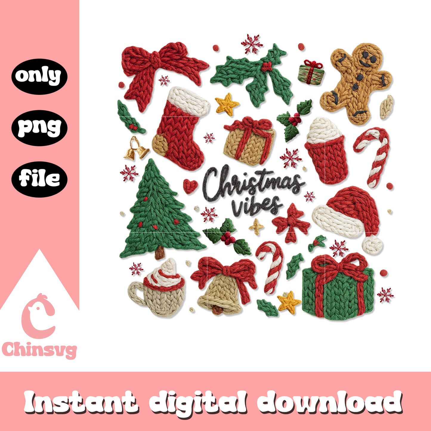 Christmas vibes yarn crochet design png, hristmas vibes png