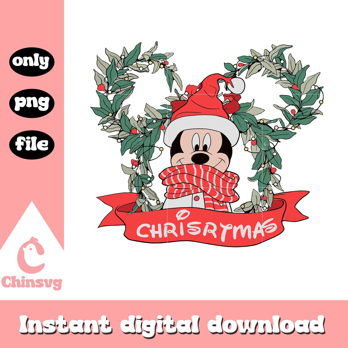 Christmas wreath mickey disney retro png, happy holidays xmas png