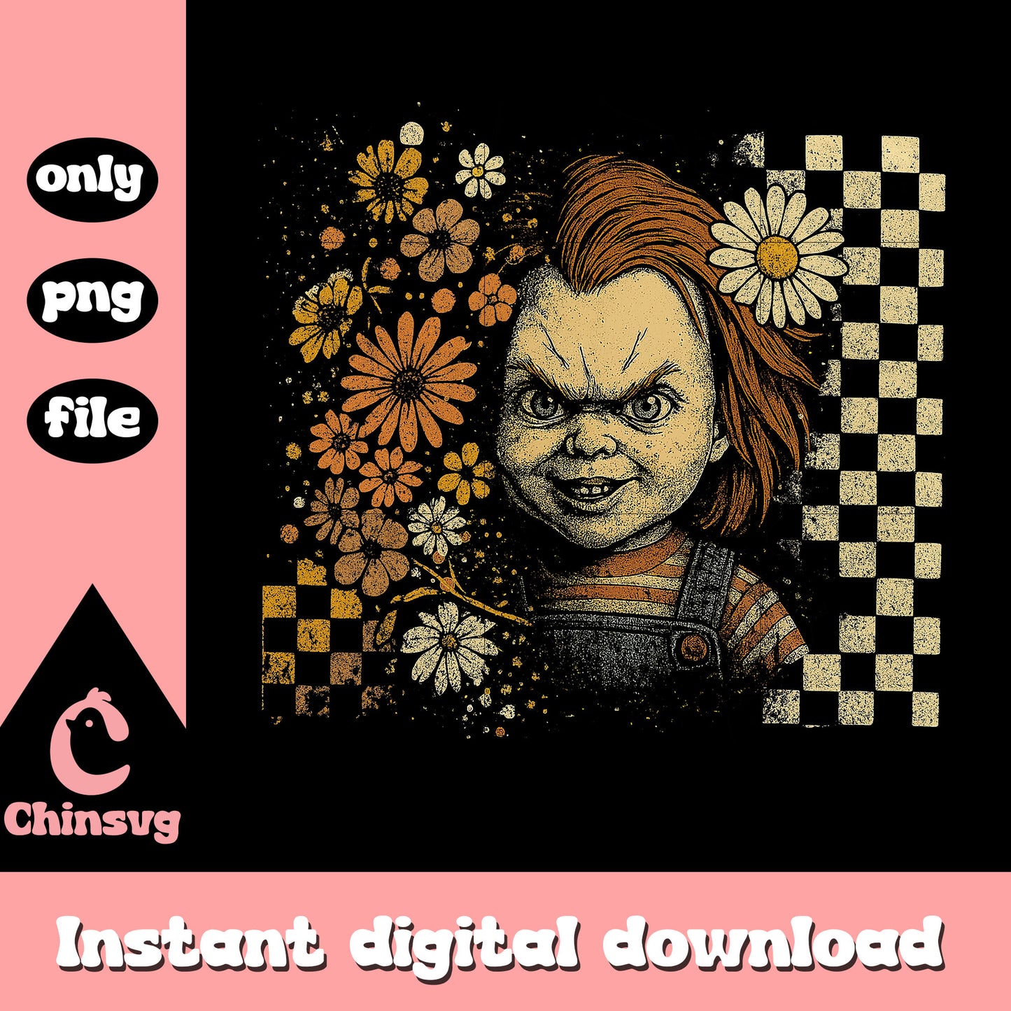 Chucky head floral design png, chucky halloween mask png