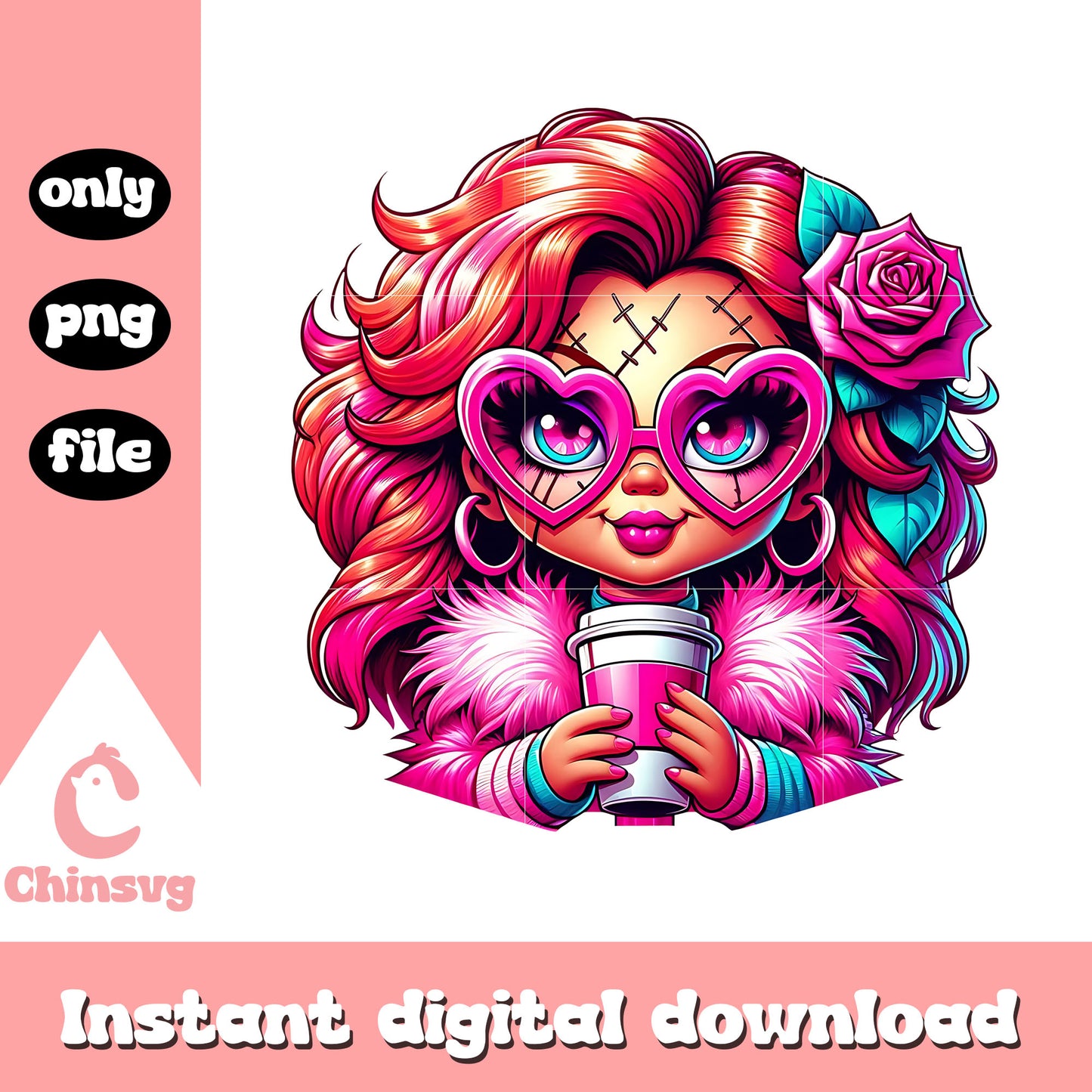 Chucky horror coffee valentine day png, horror valentine png