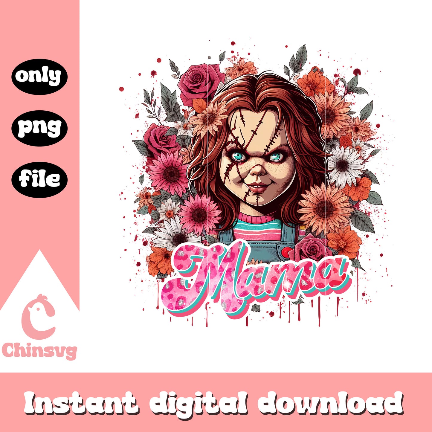 Chucky mama vintage floral png, horror characters png, mama png