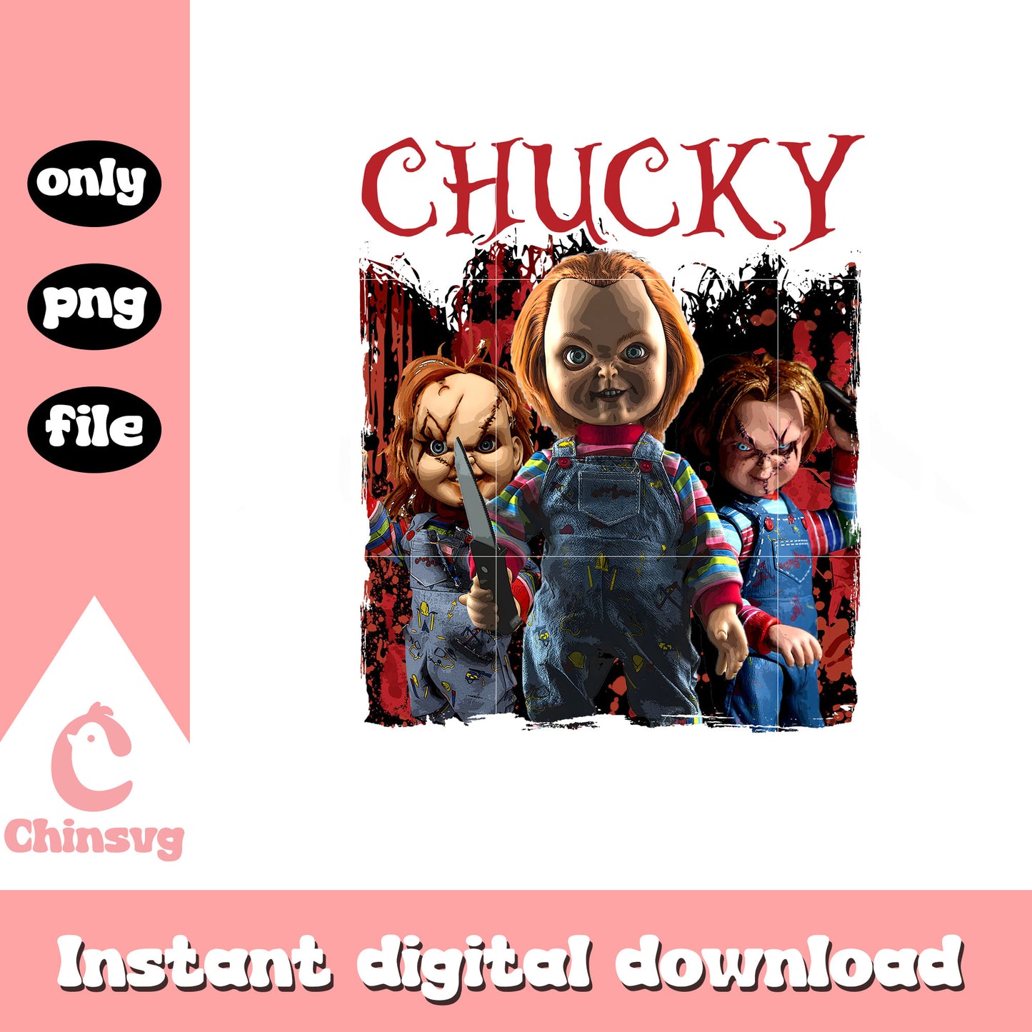 Chucky scary horror poster png, chucky knife horror png