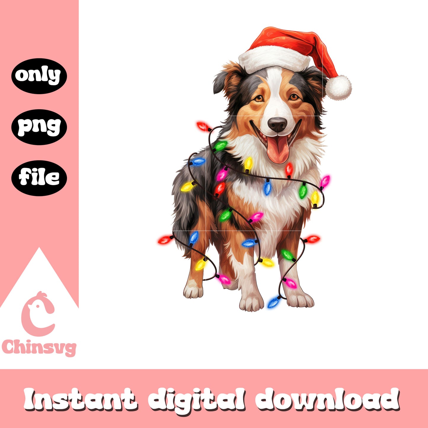 Collie dog santa hat christmas lights png, collie dog breed png