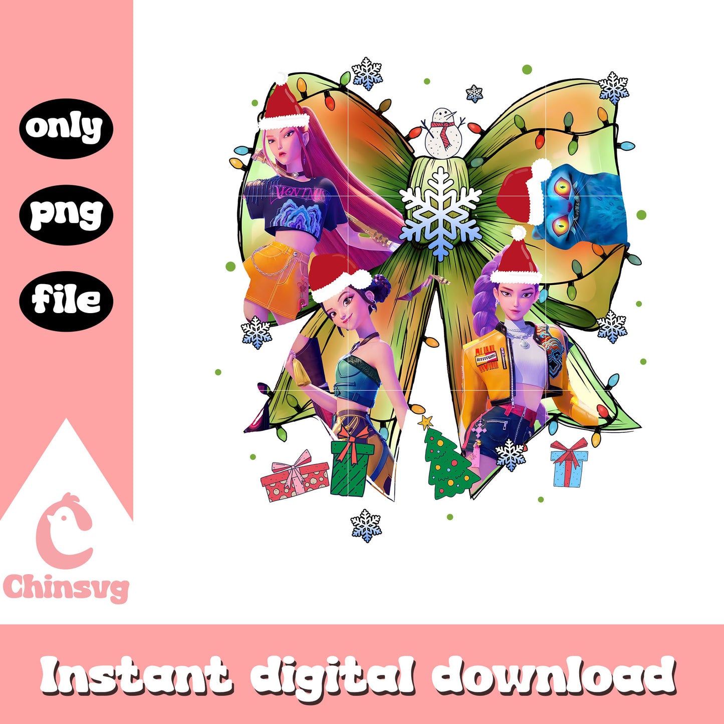 Coquette bow huntrix derpy kpop christmas png, happy x'mas png