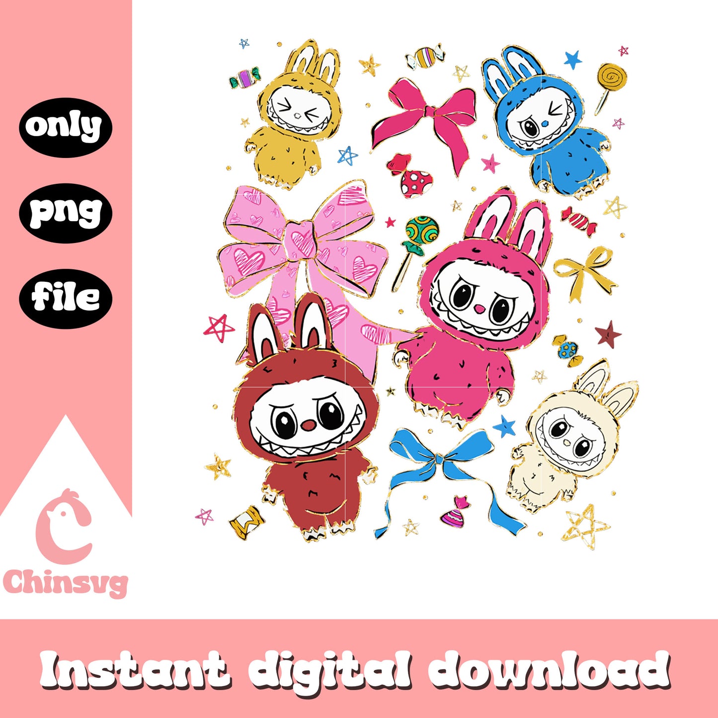 Coquette bow labubu the monsters design png, labubu colors png