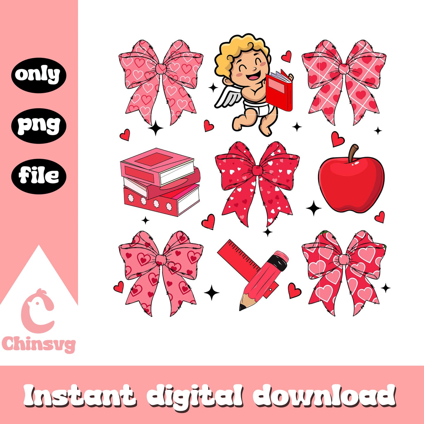Coquette bow teacher valentine png, cupid valentine png