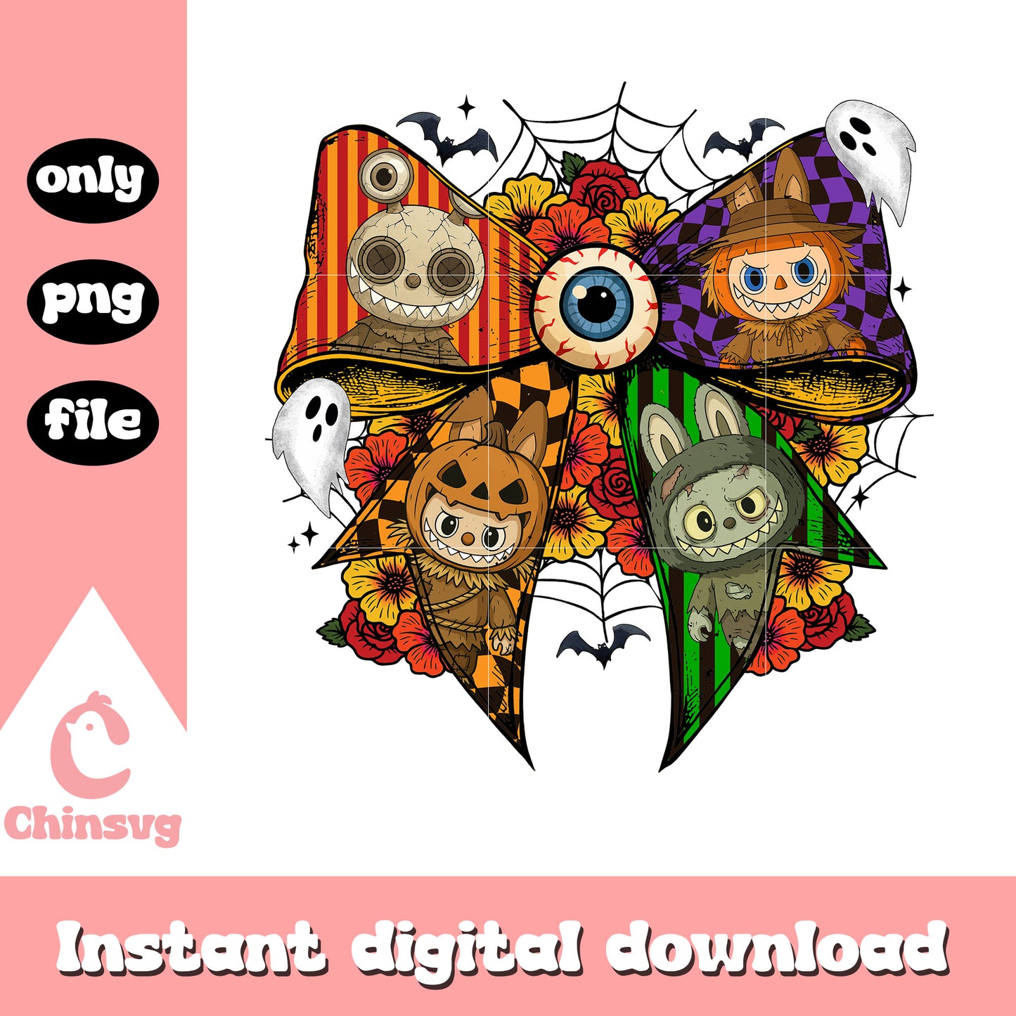 Coquette ribbon halloween monster labubu png, baby labubu png