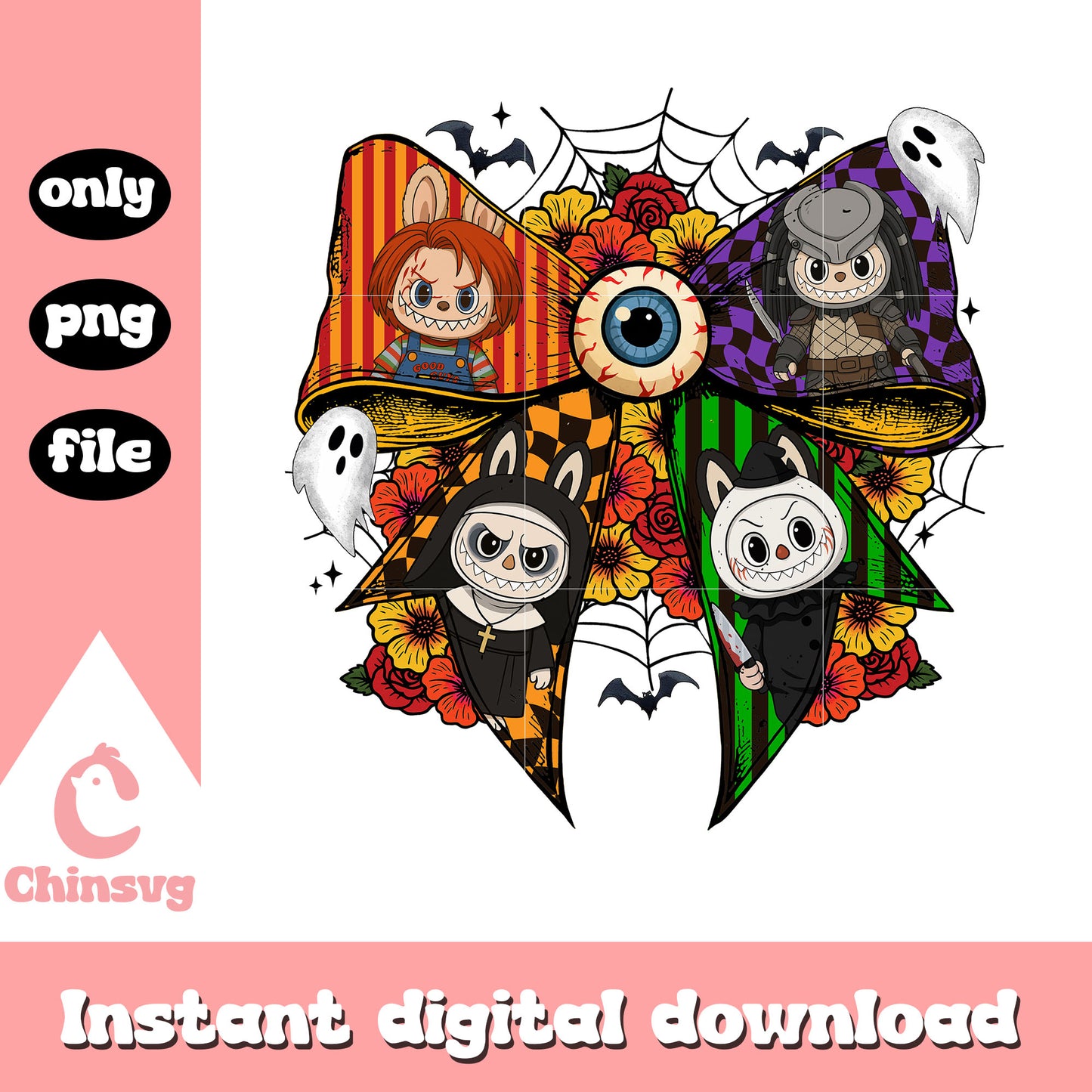 Coquette ribbon happy halloween labubu png, horror characters png