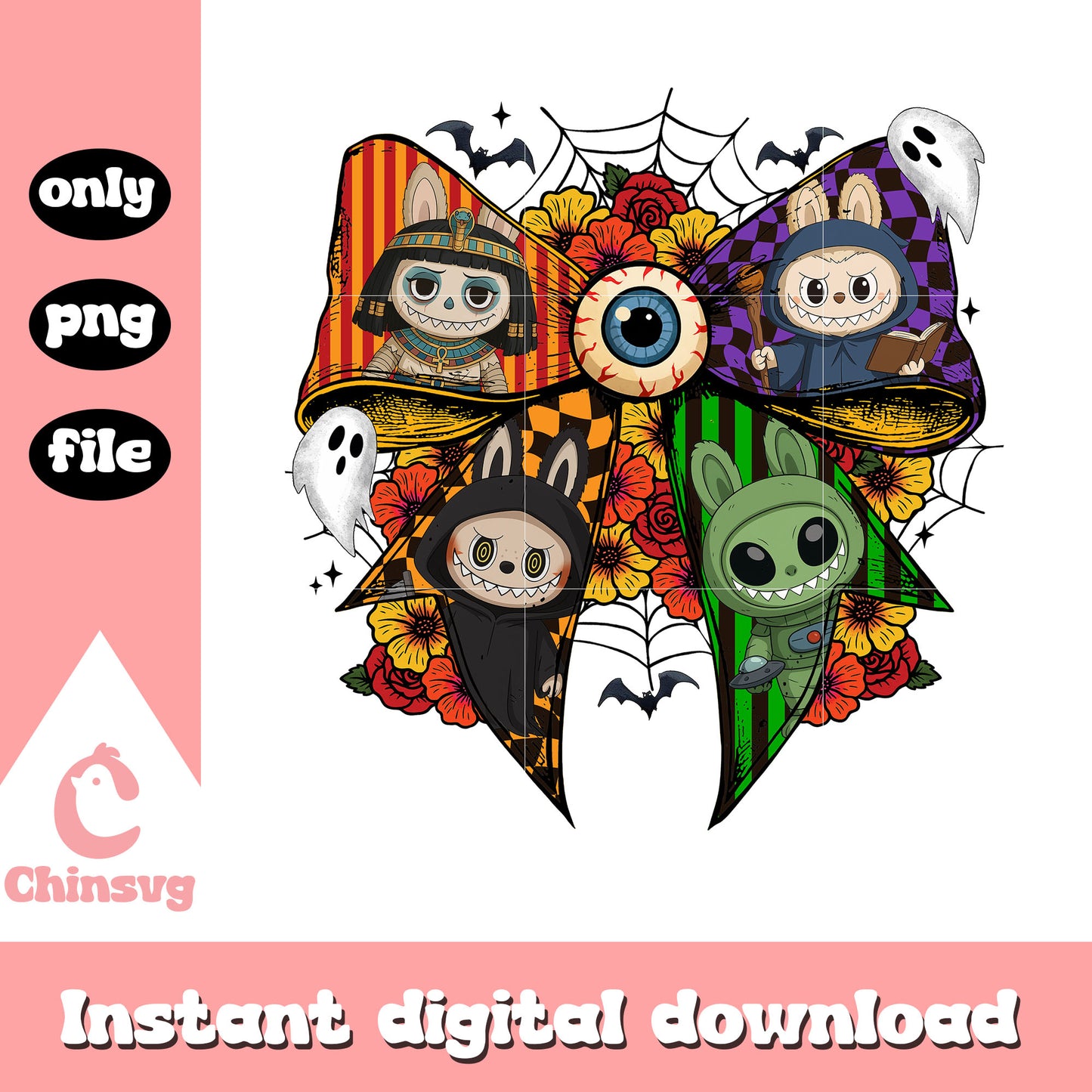 Coquette ribbon horror halloween labubu png, spooky characters png