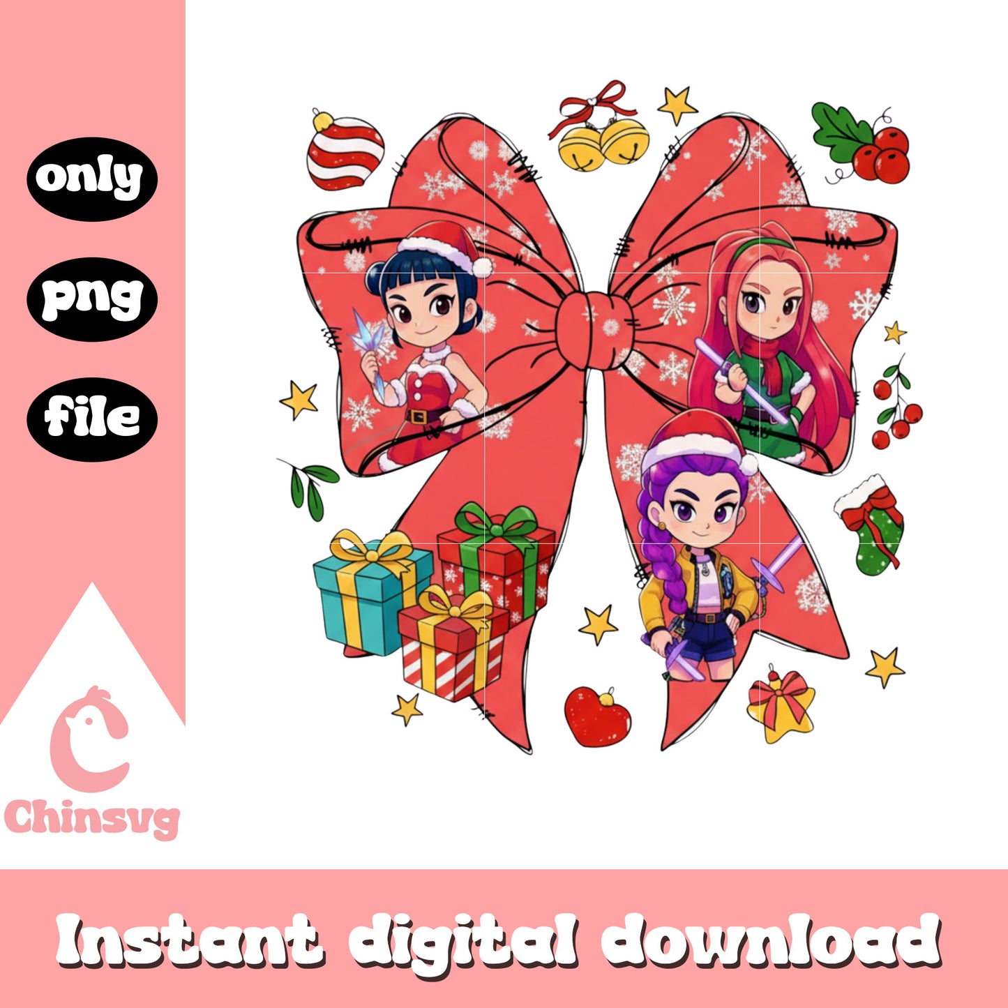 Coquette ribbon huntrix christmas png, huntrix kpop png