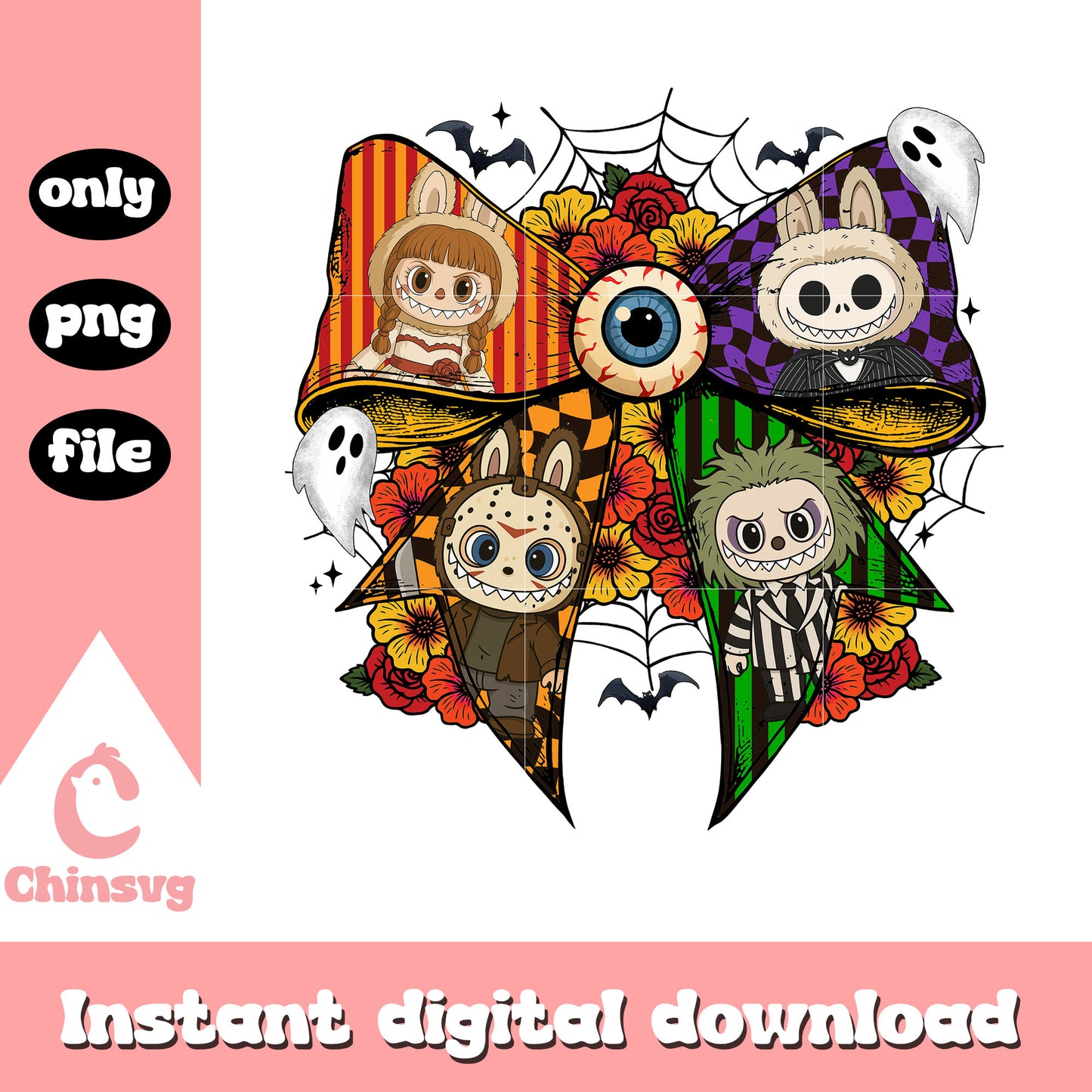 Coquette ribbon labubu halloween horror png, halloween holiday png