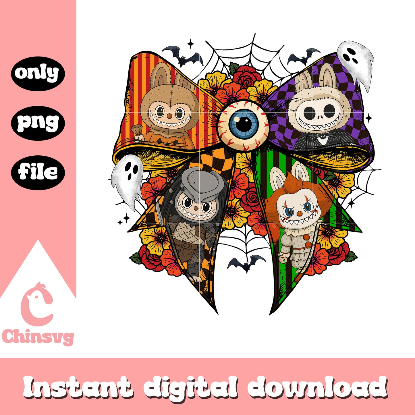 Coquette ribbon labubu happy halloween design png, halloween day png