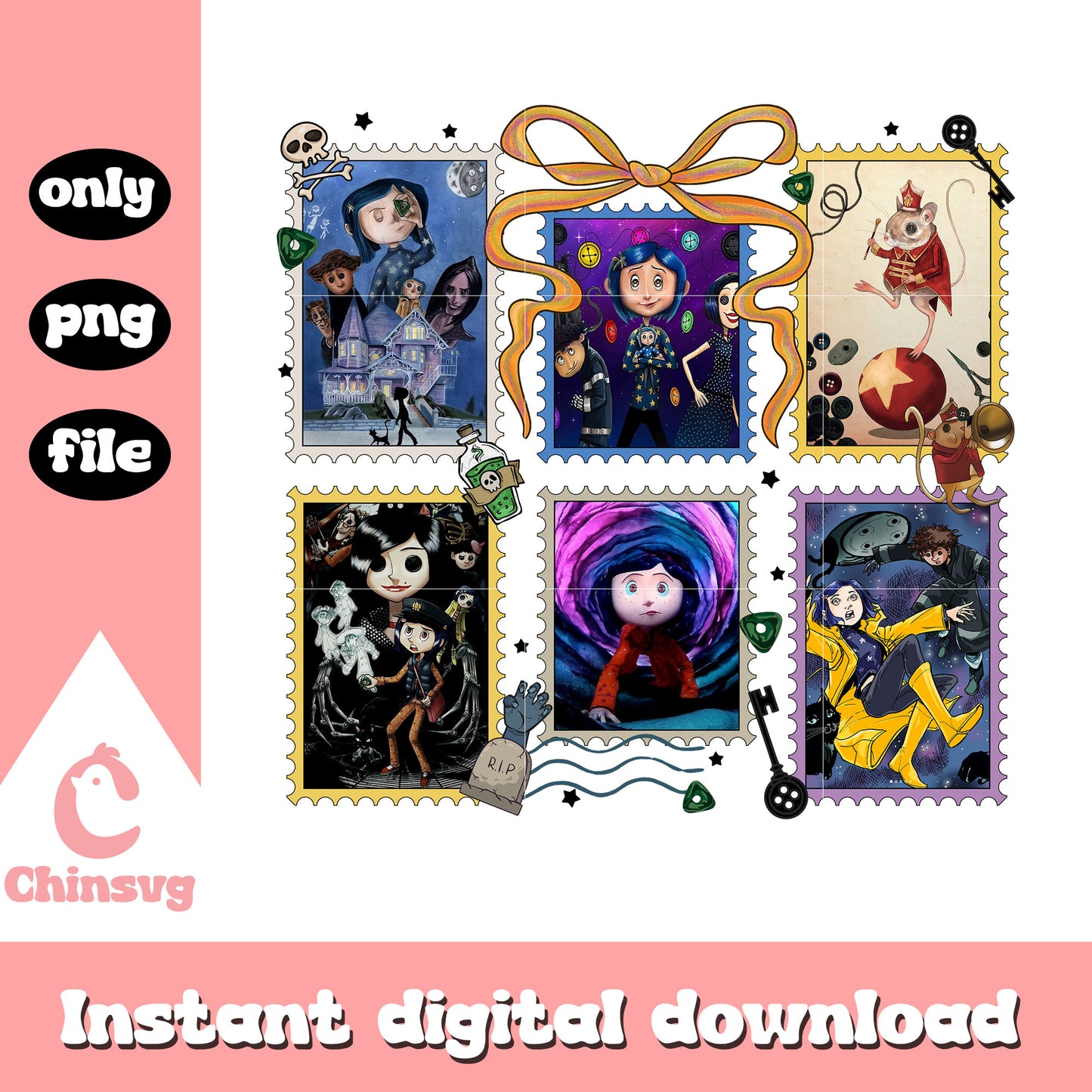 Coraline coquette stamps frame design png, coraline doll png