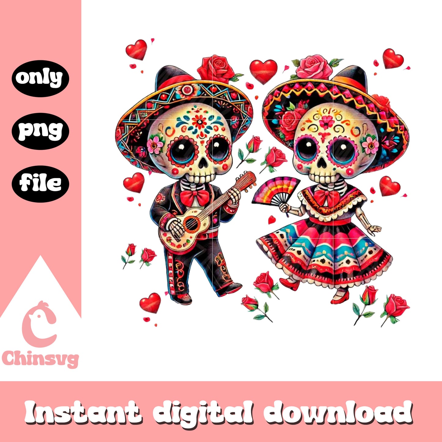 Couple mexican skeleton valentine png, valentines skeleton png
