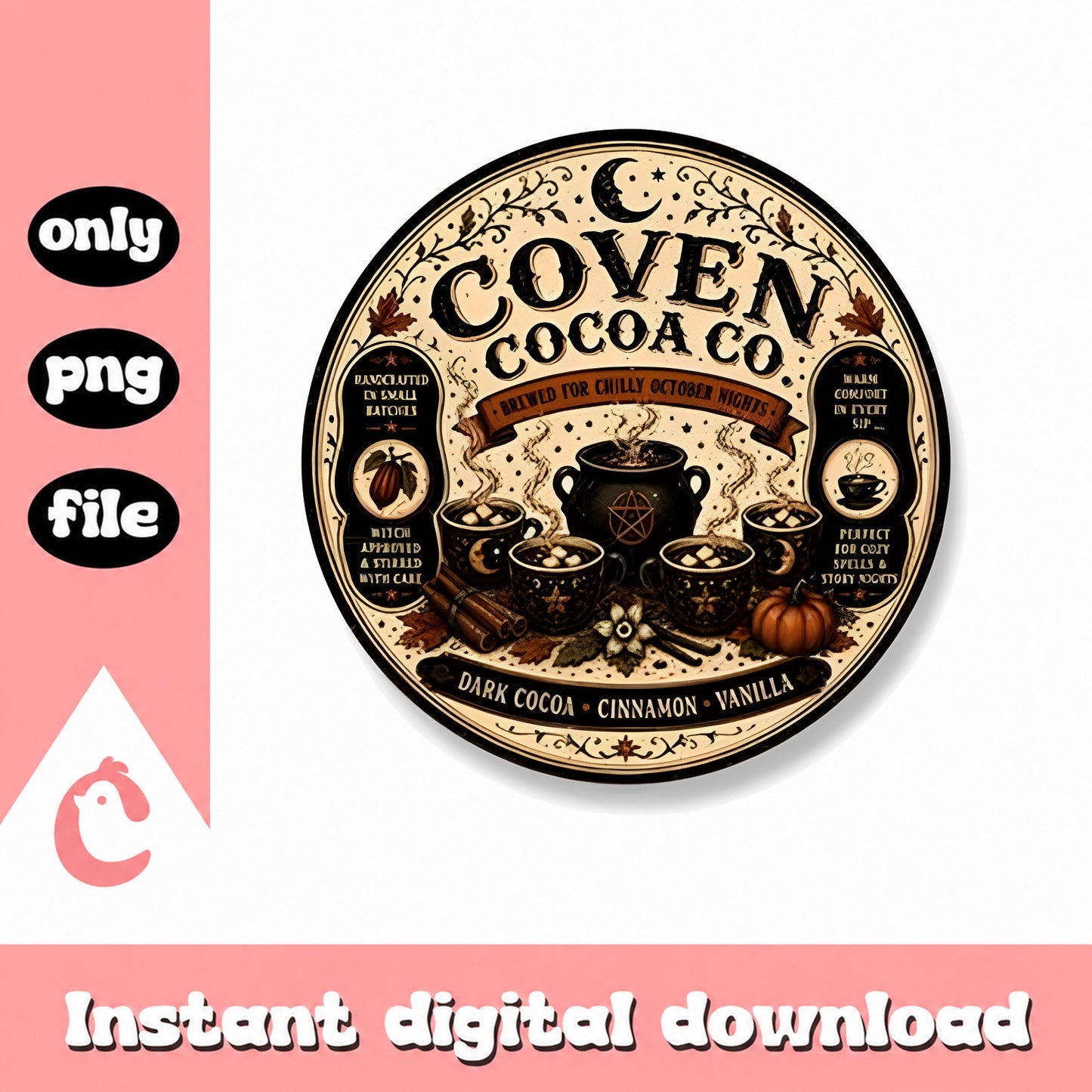 Coven Cocoa Co Vintage Label PNG, Halloween Witch Decor, PNG File