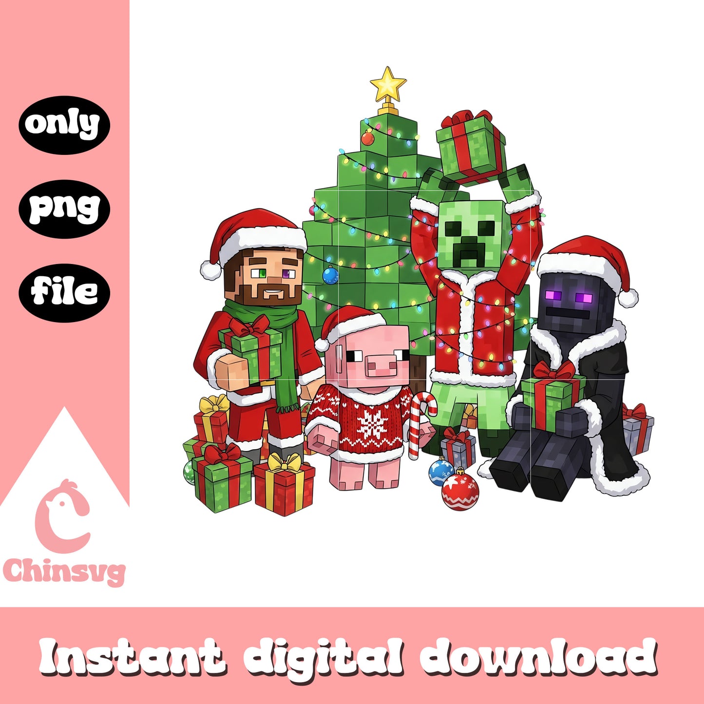 Creeper and friends on christmas day png, minecraft characters png