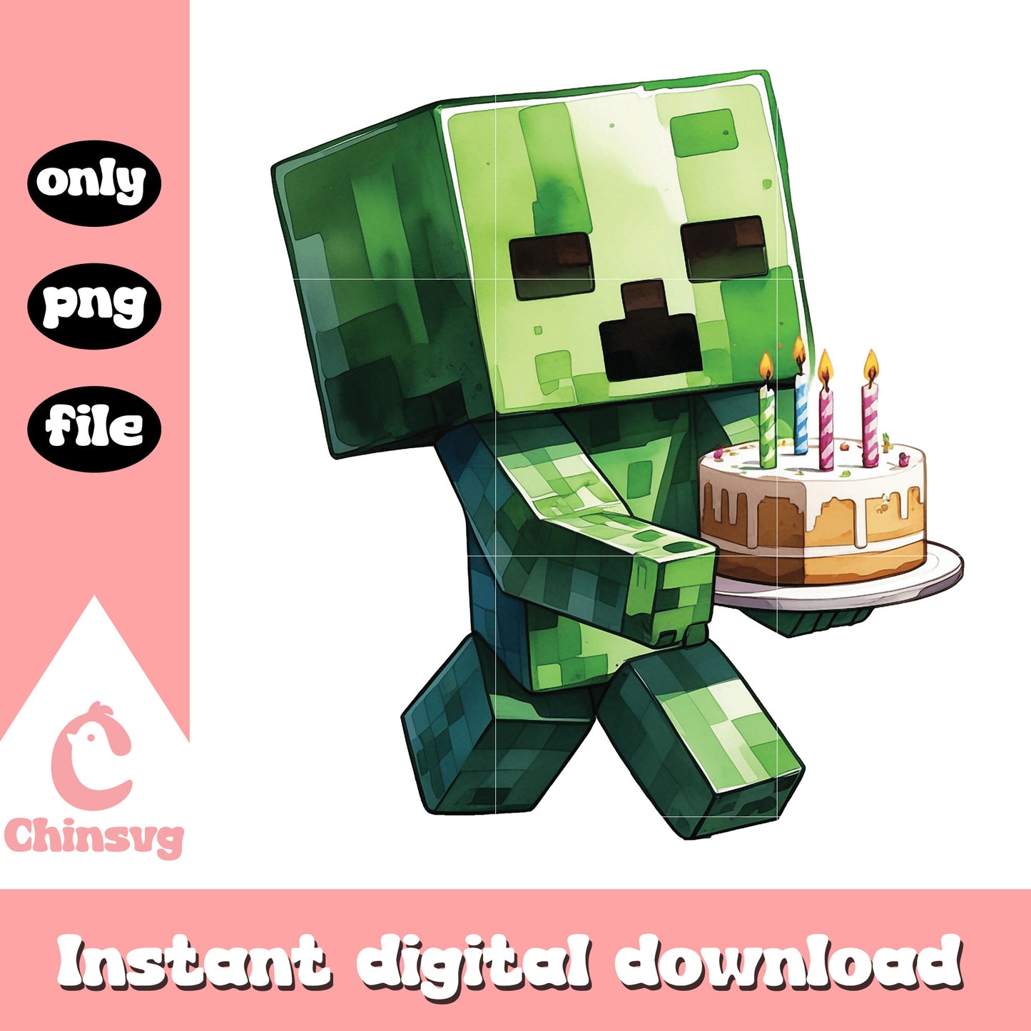 Creeper holding birthday cake design png, minecraft birthday png