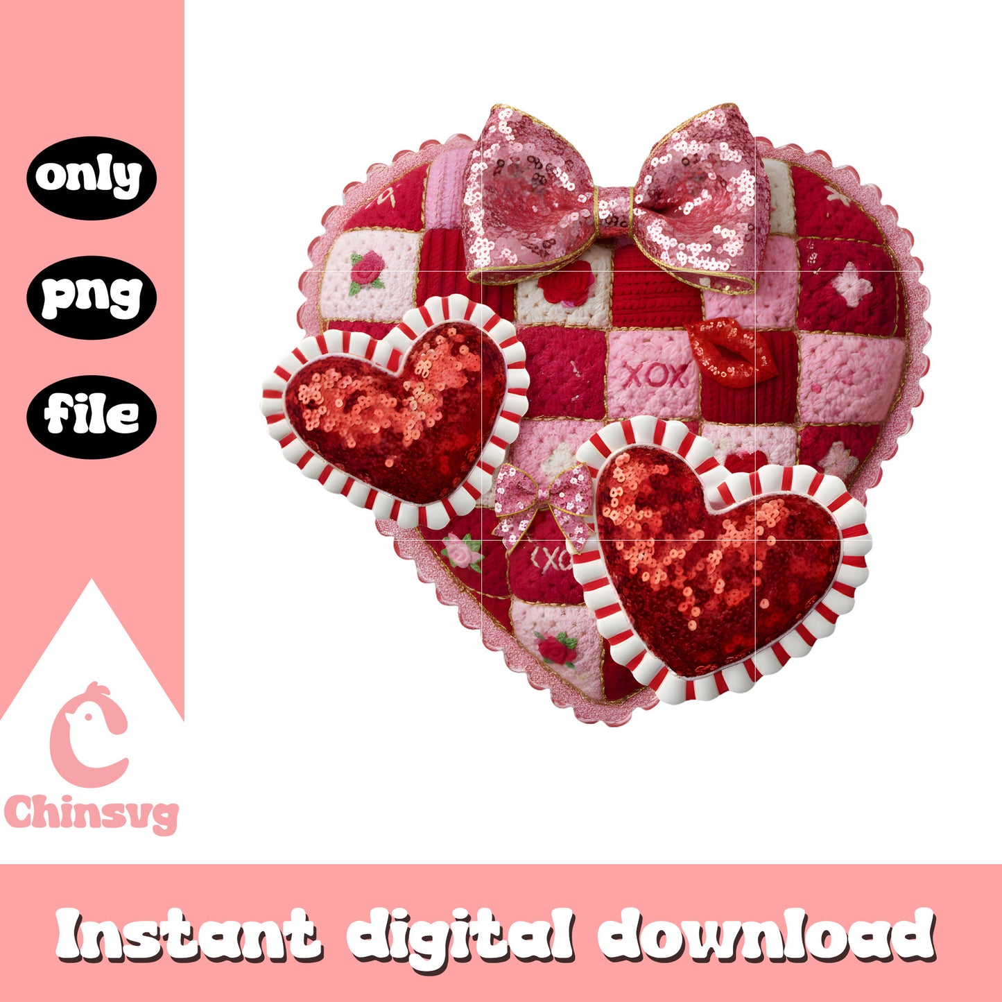 Crochet hearts bow glitter png, valentines day ducks png