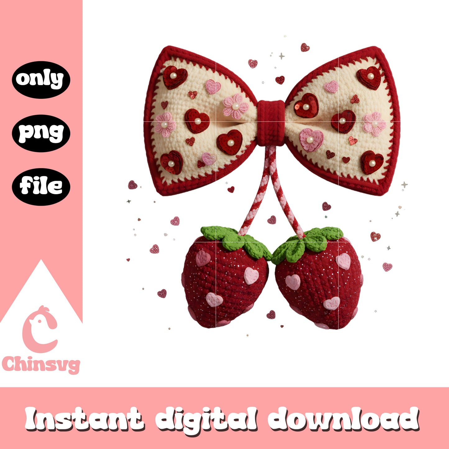 Crochet strawberry bow love png, valentines day bow png