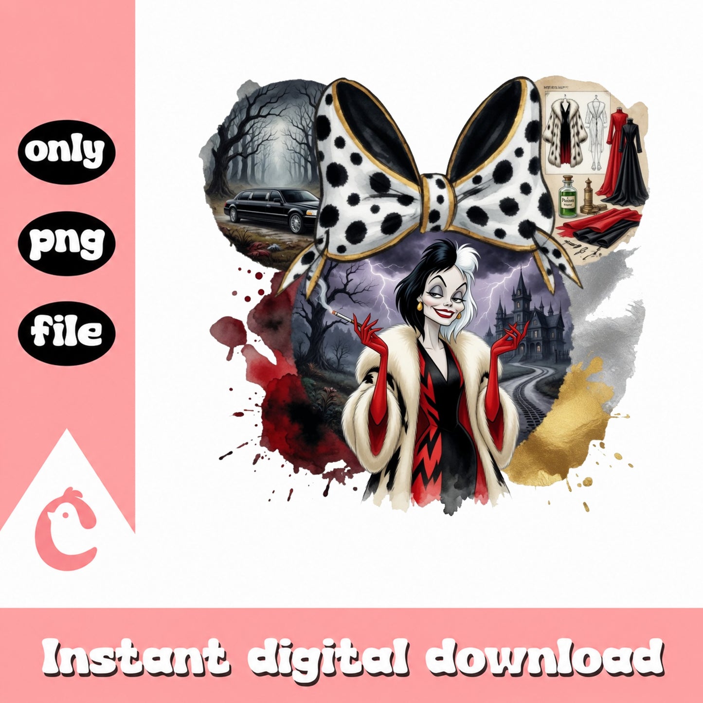 Cruella De Vil Disney Villain PNG, Minnie Bow PNG, Halloween PNG