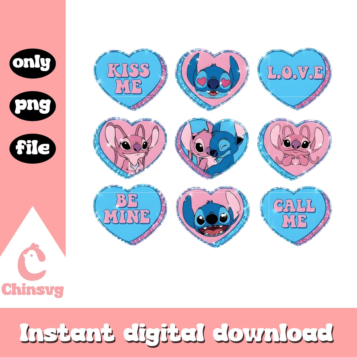 Custom blue couple valentine png, stitch valentines day png