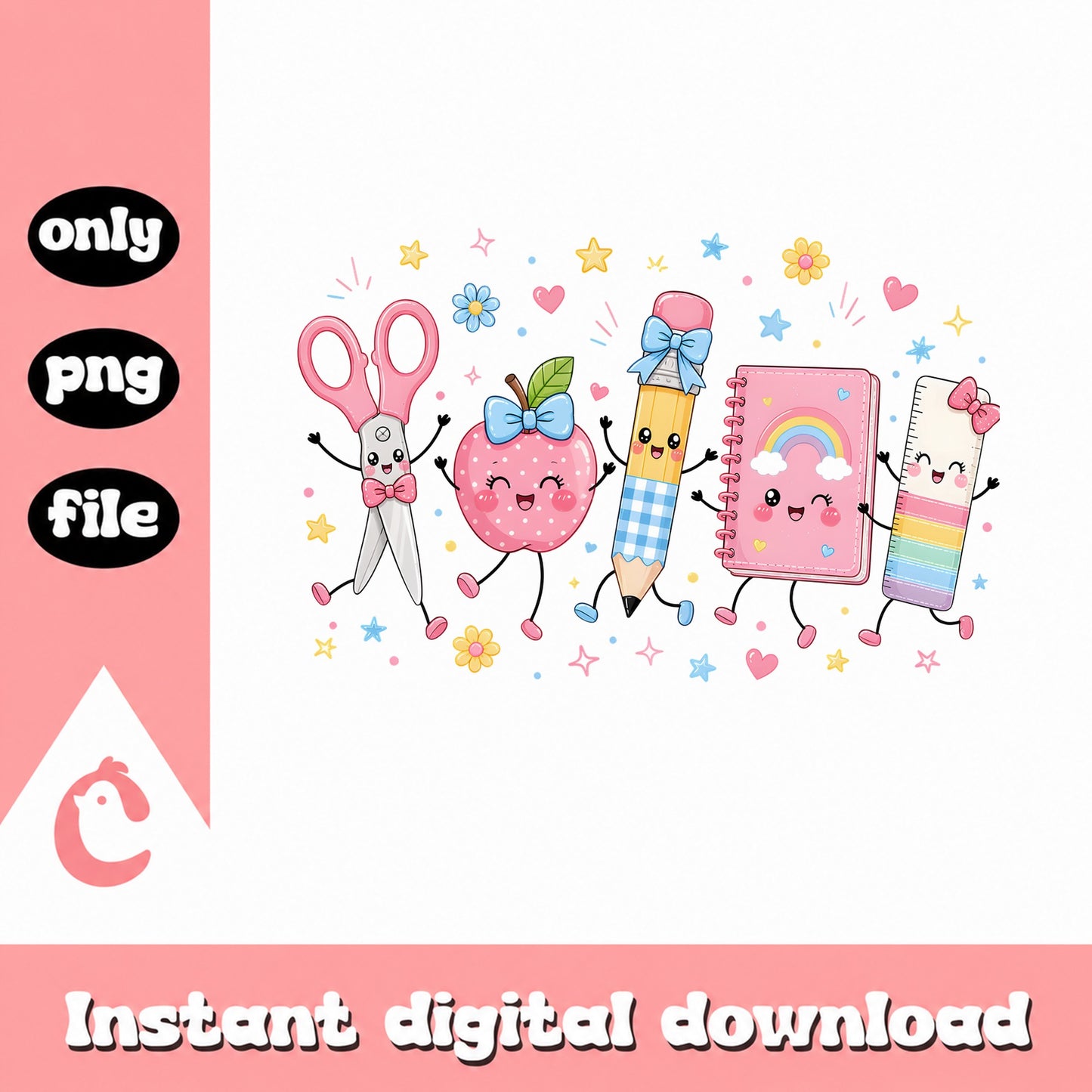 Cute Back To School PNG, School Supplies Kawaii PNG, Teacher PNG